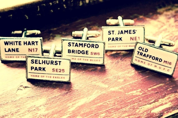 Football/Rugby Team Cufflinks - Street Signs- Gift for him. Old Trafford, Stamford Bridge, White Hart Lane, Emirates Stadium, Selhurst Park.