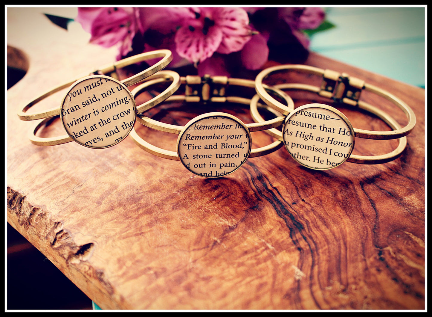 Game of Thrones recycled book bracelet. Cuff, bangles. Quotes Winter is Coming My Sun and Stars Fire and Blood Valar Morghulis Silver/Bronze