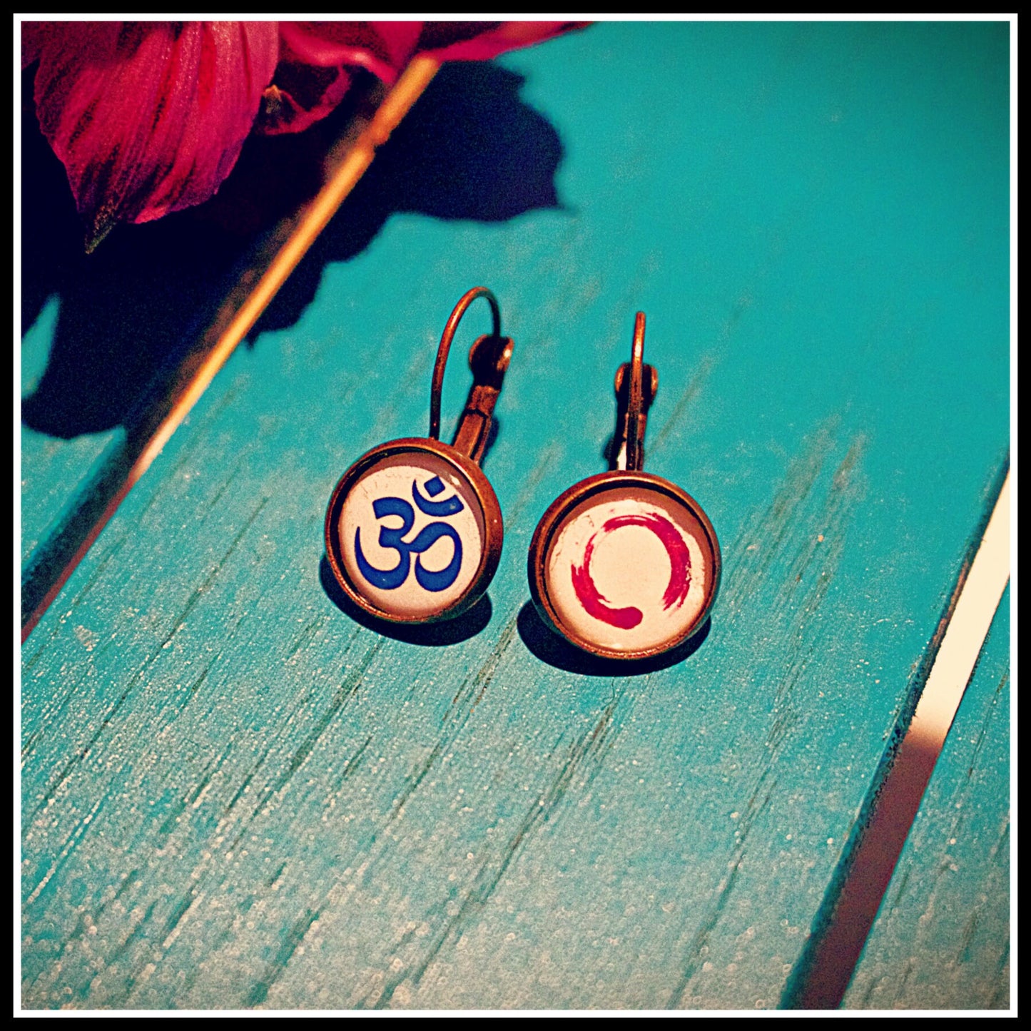 Zen Om Symbol earrings -Ohm Yoga Meditation Peace Spirituality. Hippie culture. Buddhist. Hindu. Enlightenment. Freedom. Colourful dangles.