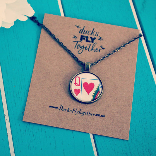 Queen of Hearts pendant/necklace. Recycled playing cards. Anniversary gift. Romantic. Alice in Wonderland. Mothers Day Gift. Gift for Mum.