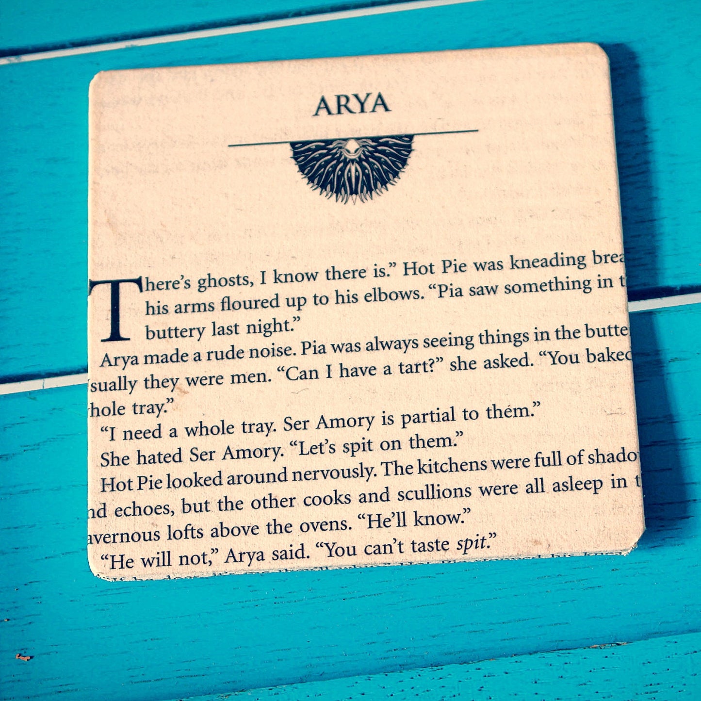 Pack of 4. Game of Thrones recycled book Coasters. GOT fan gift. Stark present. Jon, Bran, Sansa, Arya. Lannister. Jaime. Cersei. Tyrion.