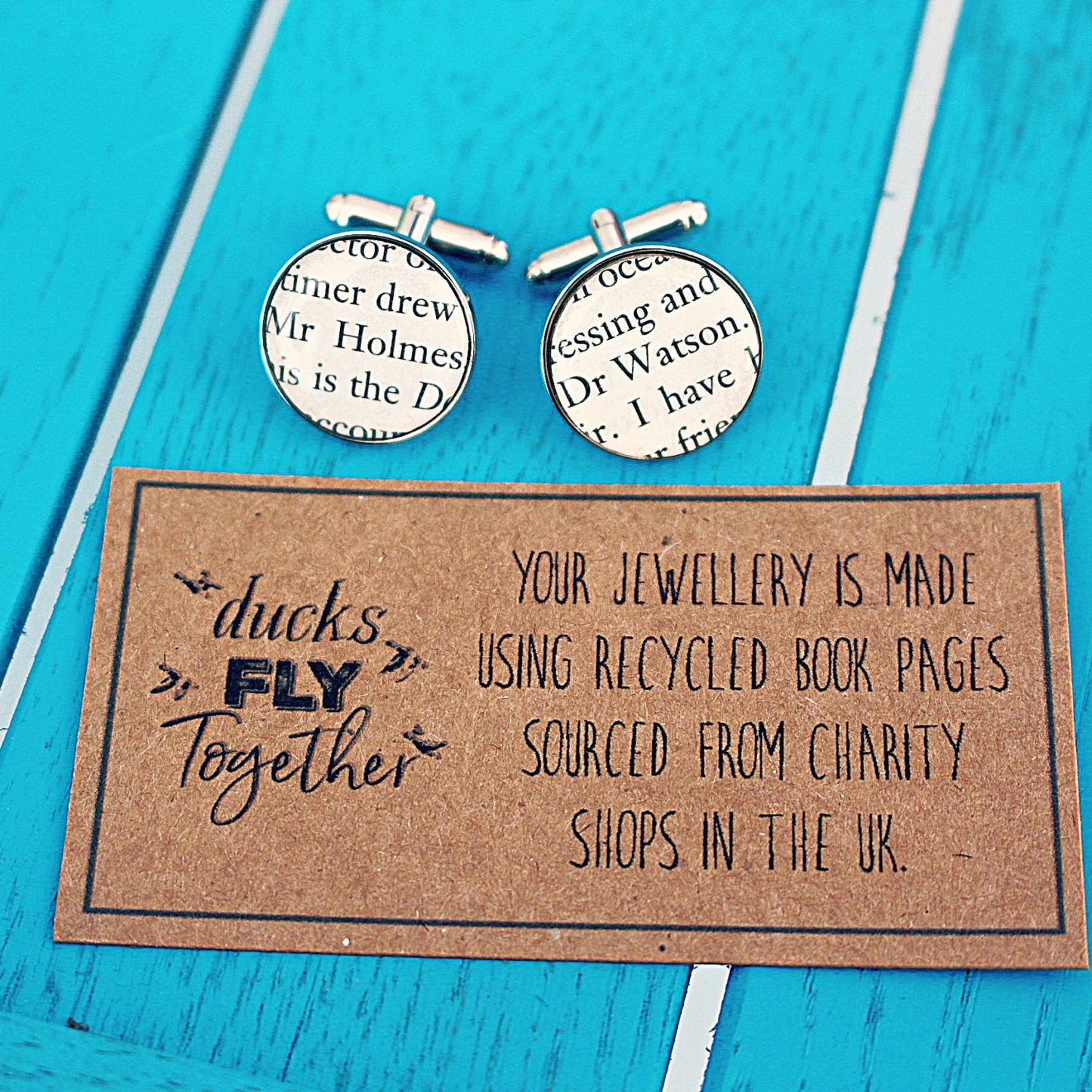 Sherlock Holmes cufflinks. Recycled book page. Charity shop vintage book. Holmes Watson. Book lover Literature Gift. Groom Wedding cufflinks