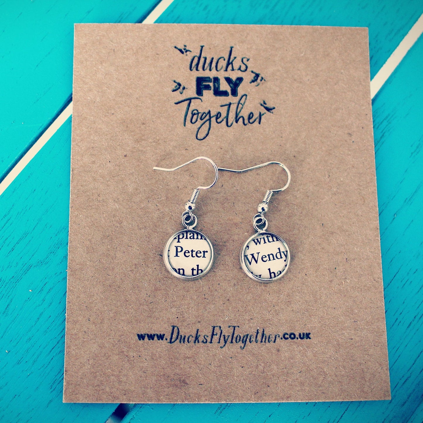 Peter Pan recycled book page earrings. Upcycled jewellery. Peter Wendy. Tinkerbell. Hook. Lost Boys. Gift. Neverland. Vintage book.