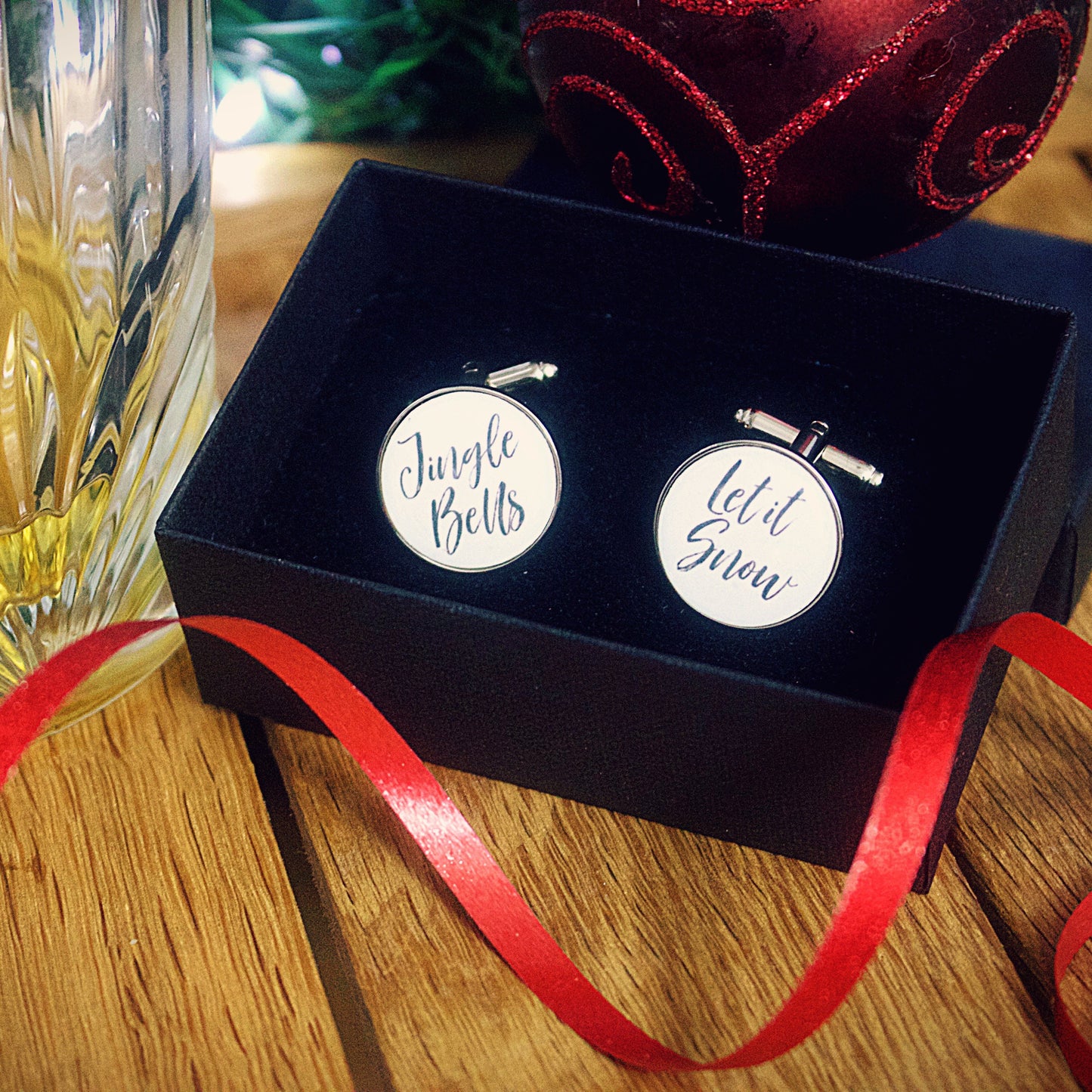 Christmas Carol Cufflinks. Personalised Xmas party jewellery. Song lyrics. Jingle Bells. Silent Night. Let it Snow. Baby its cold outside
