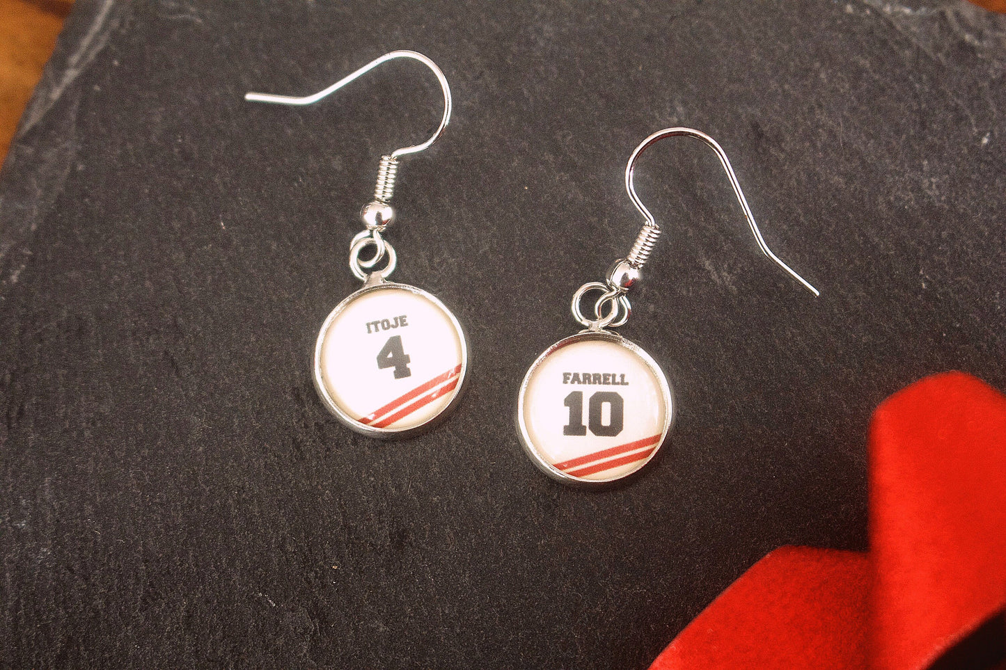 England Rugby colours Earrings. Team jersey style with personalised name & number. Favourite player. Your name. Christmas gift Rugby fan.