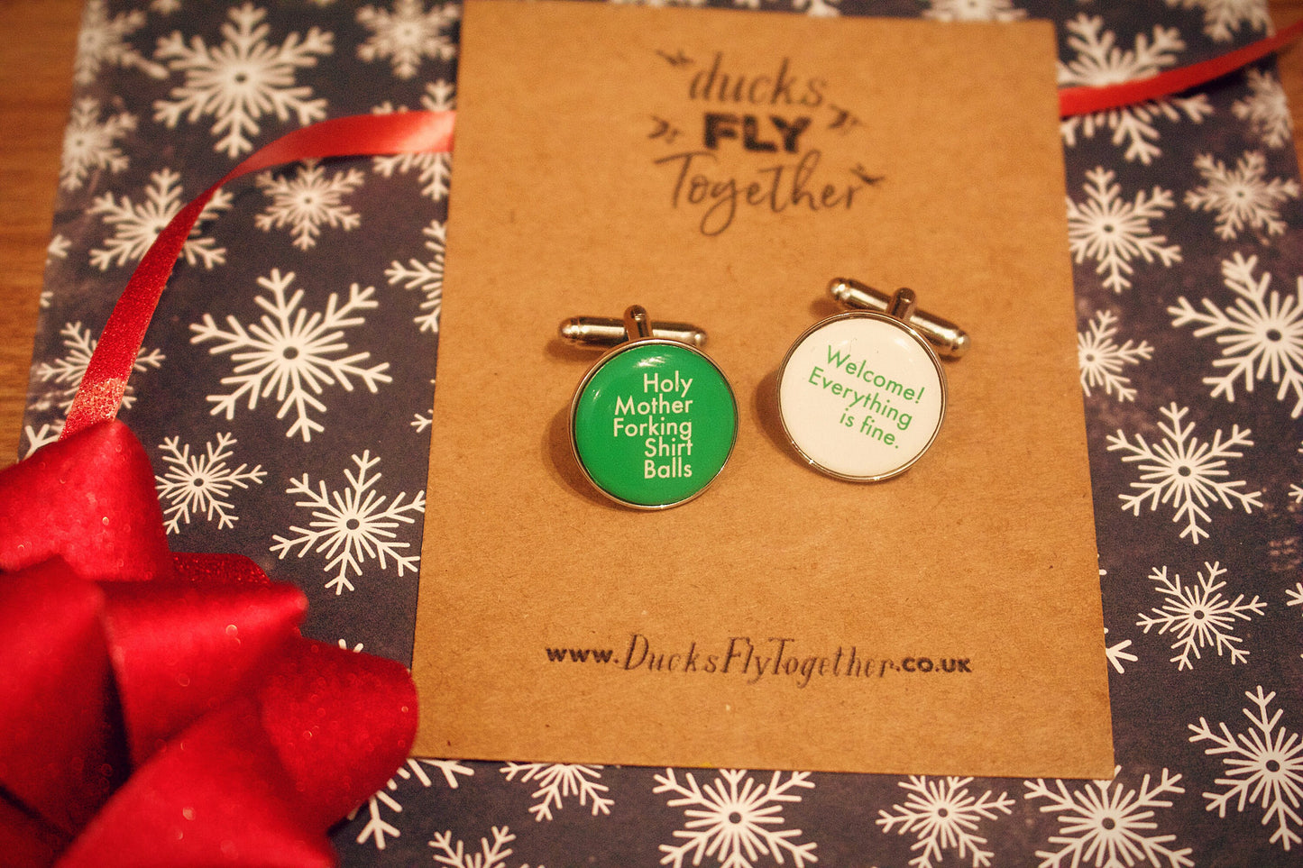Novelty cufflinks inspired by The Good Place. Holy Mother Forking Shirt Balls. Welcome Everything is fine. TV fan. Comedy gift. Secret Santa