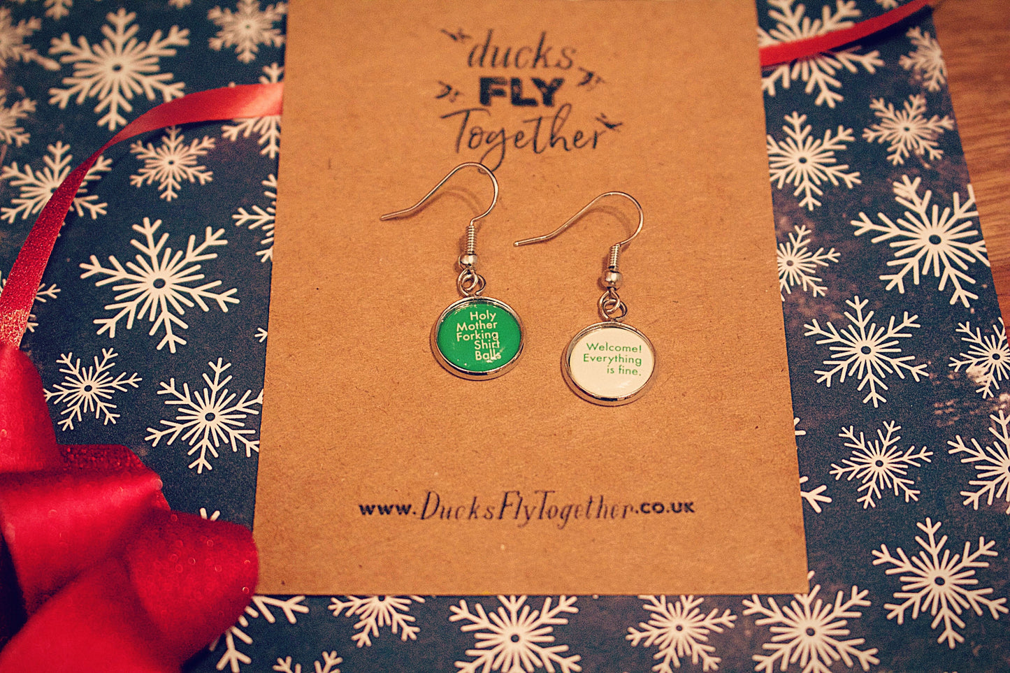 Novelty earrings inspired by The Good Place. Holy Mother Forking Shirt Balls. Welcome Everything is Fine. Mothers Day Gift. Gift for Mum.