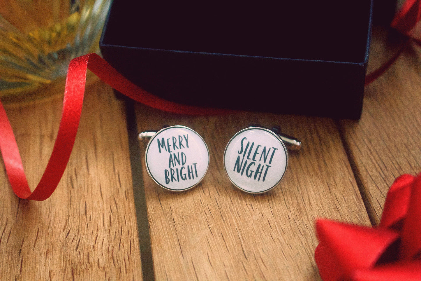 Christmas Carol Cufflinks. Personalised Xmas party jewellery. Song lyrics. Jingle Bells. Silent Night. Let it Snow. Baby its cold outside