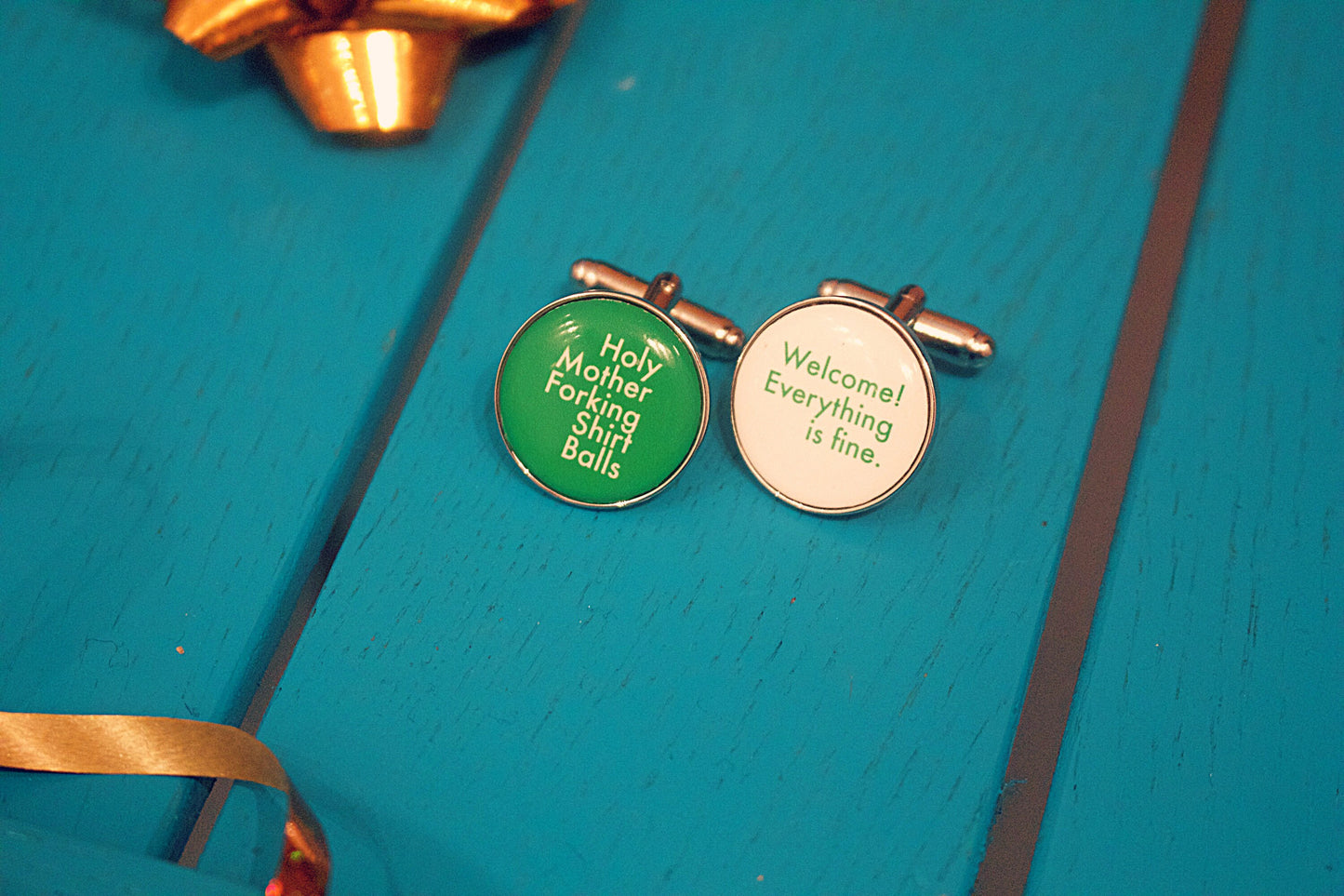 Novelty cufflinks inspired by The Good Place. Holy Mother Forking Shirt Balls. Welcome Everything is fine. TV fan. Comedy gift. Secret Santa