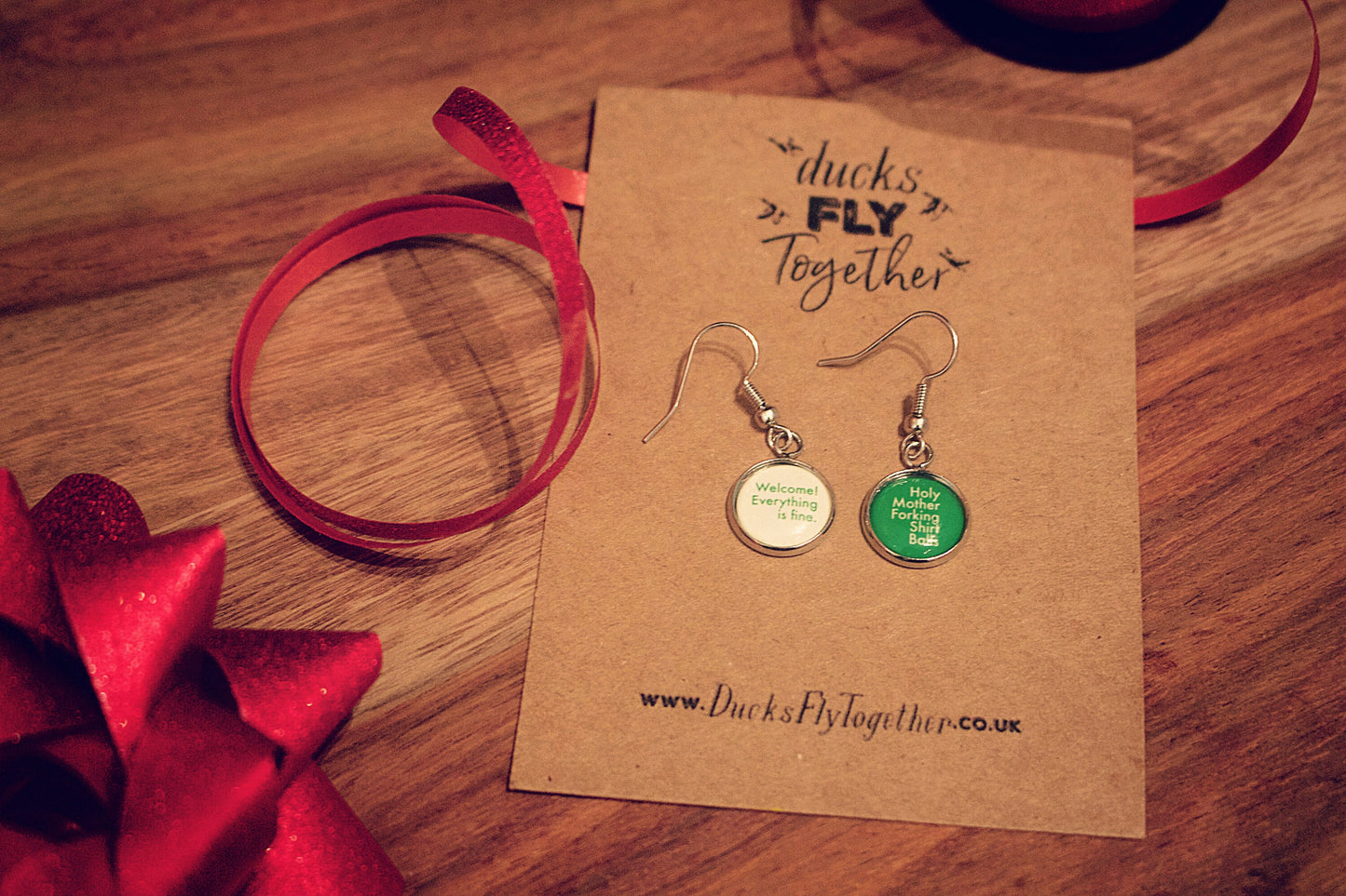 Novelty earrings inspired by The Good Place. Holy Mother Forking Shirt Balls. Welcome Everything is Fine. Mothers Day Gift. Gift for Mum.