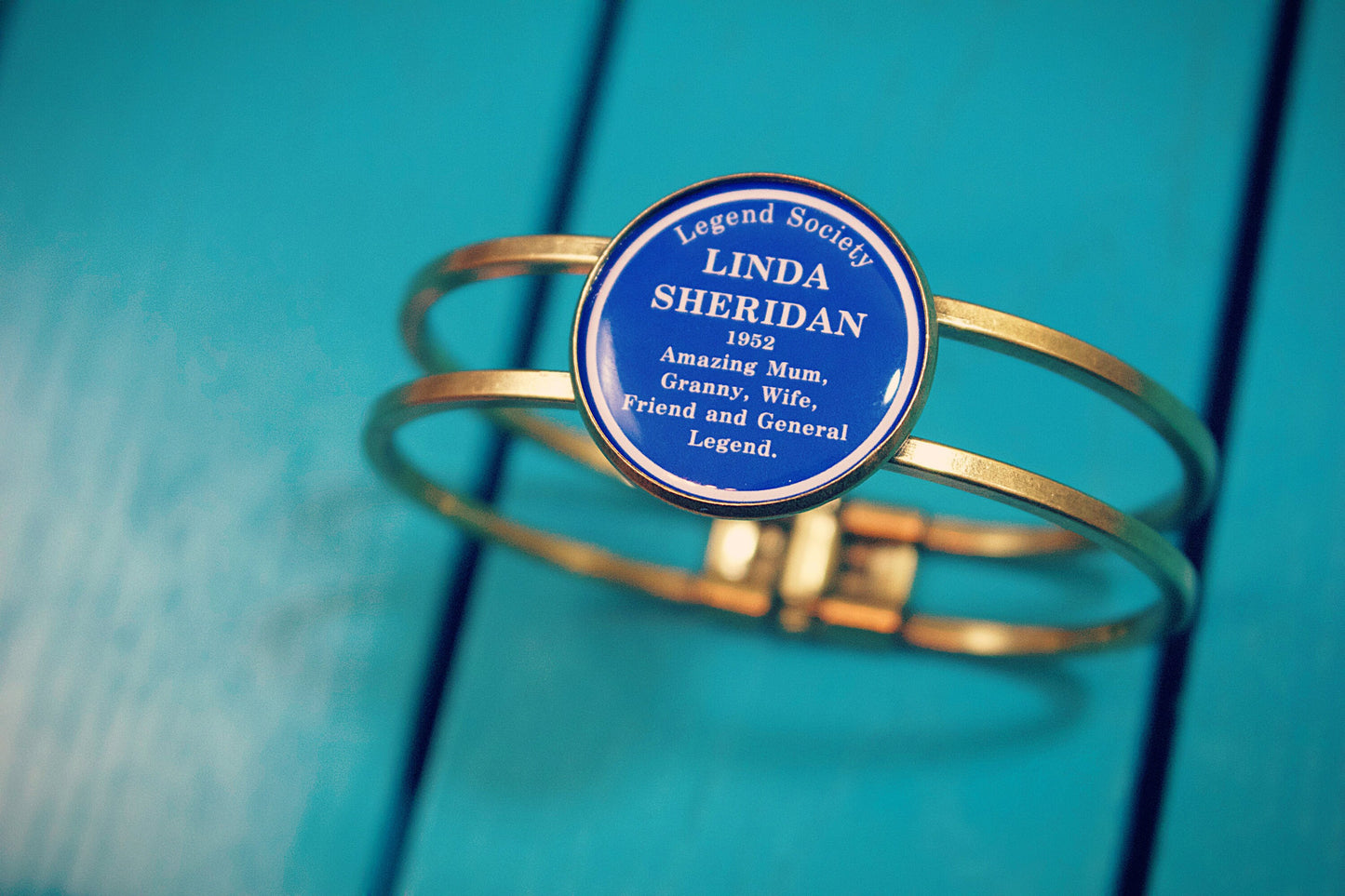 Mothers Day Blue Plaque Bracelet. Bronze or Silver Cuff. Personalised message. English. British. Mum. Mummy. Granny. Heritage.