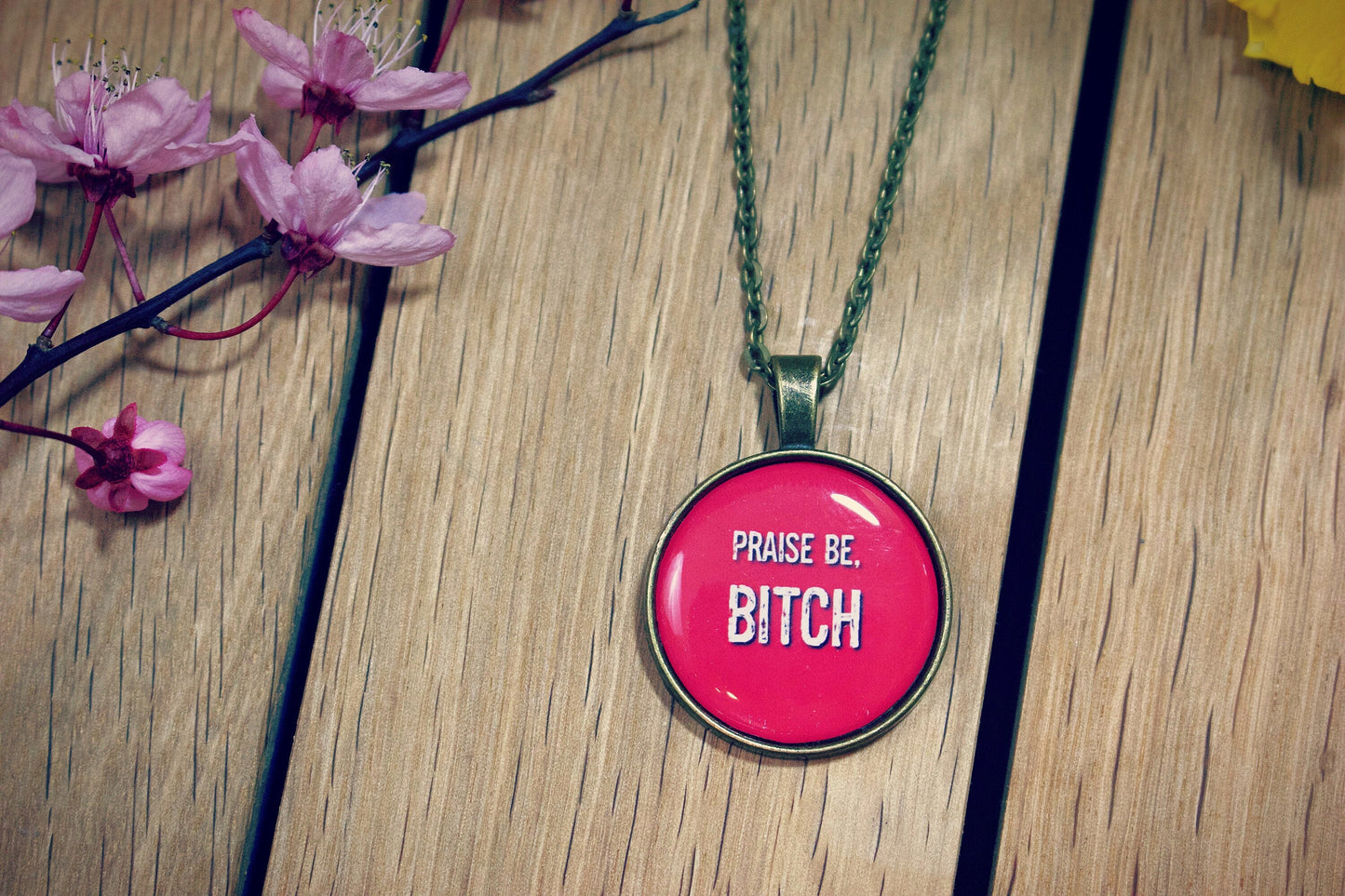 Handmaids Tale Inspired Necklace. Praise Be Bitch. Nolite te bastardes carborundorum. Offred. Blessed Day. Margaret Atwood. Red Pendant.