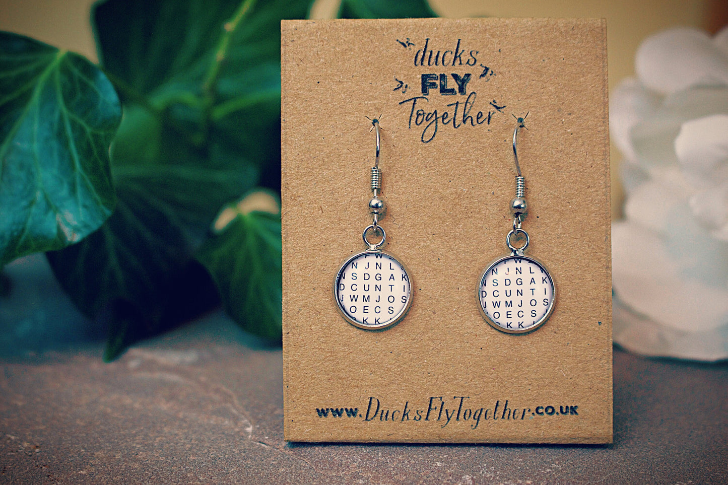 Wordsearch earrings. Custom made word search. Personalise your game with hidden words. Funny novelty gift. Wedding jewellery. Monochrome.