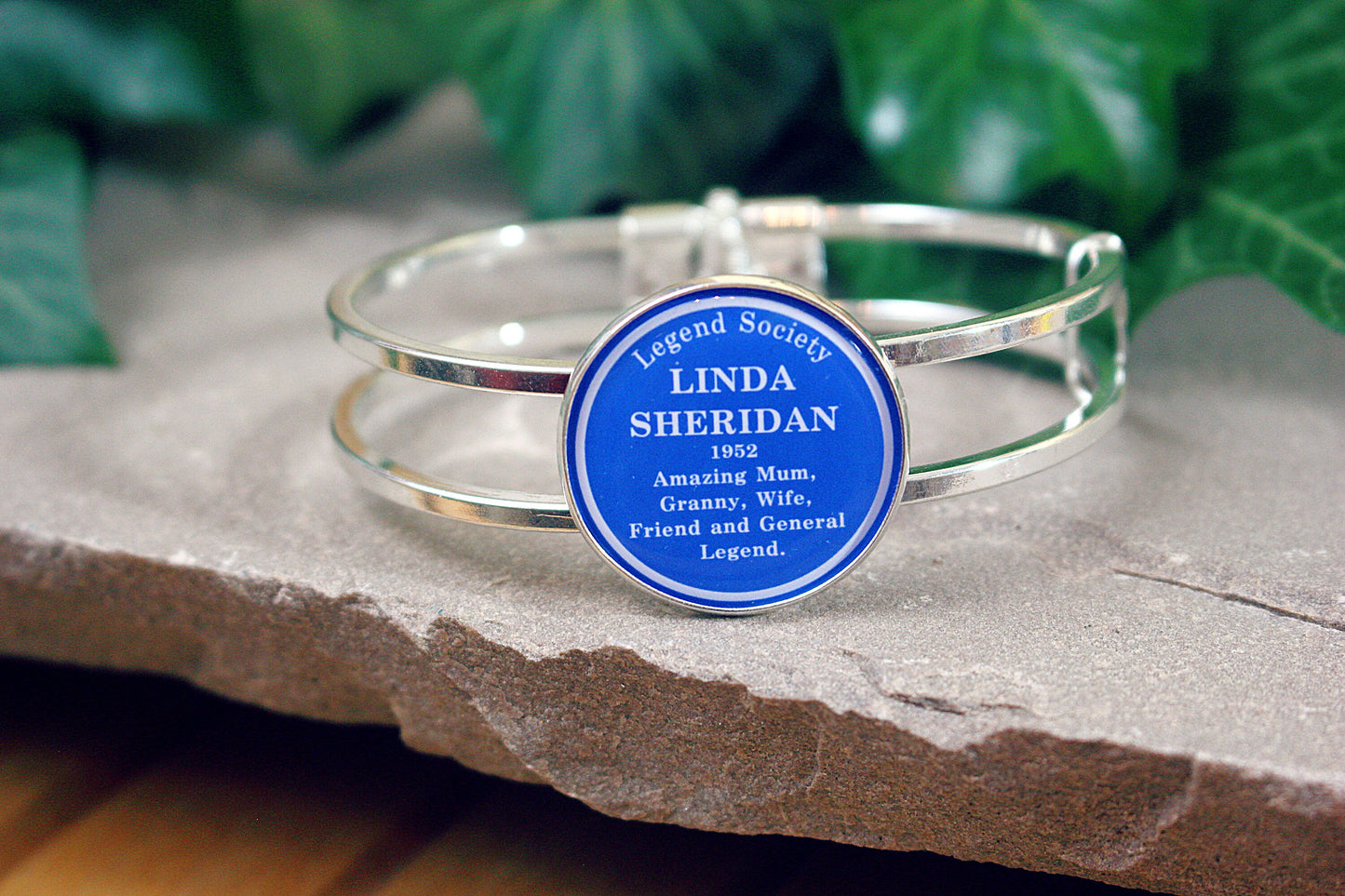Mothers Day Blue Plaque Bracelet. Bronze or Silver Cuff. Personalised message. English. British. Mum. Mummy. Granny. Heritage.
