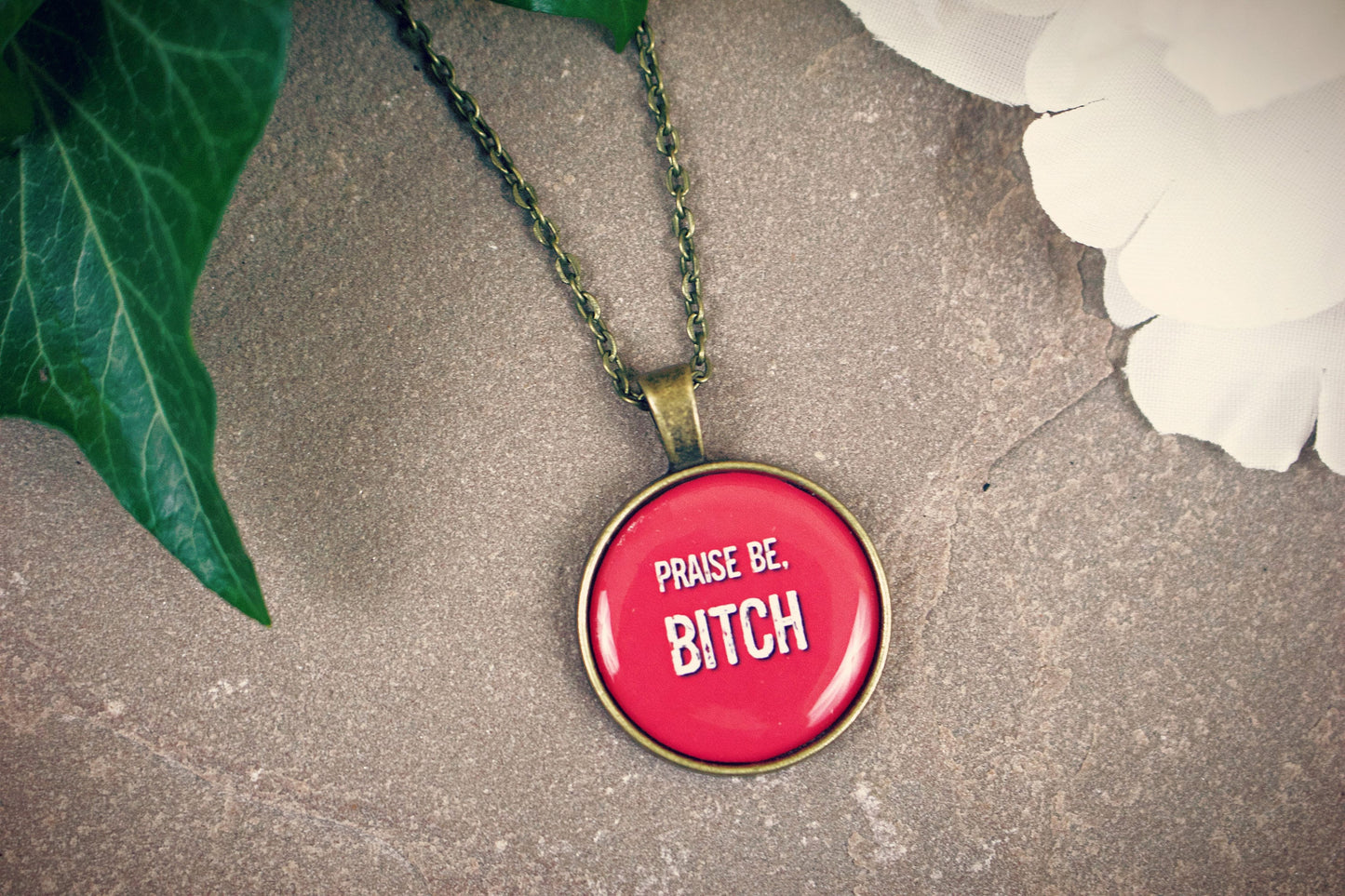 Handmaids Tale Inspired Necklace. Praise Be Bitch. Nolite te bastardes carborundorum. Offred. Blessed Day. Margaret Atwood. Red Pendant.