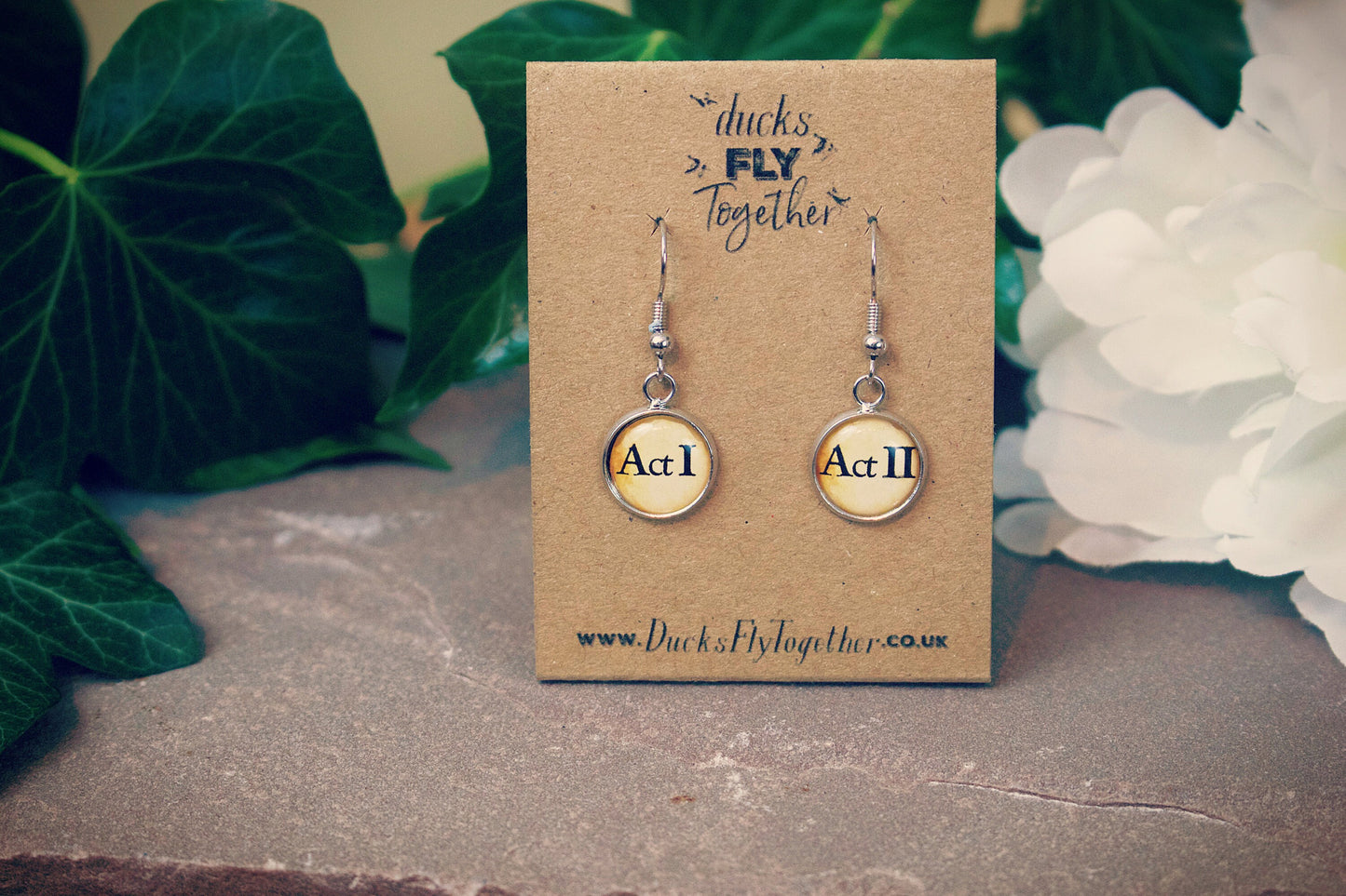 Theatre earrings. Act I & Act II. Shakespeare jewellery. Vintage paper design. Thespian. Actor. Actress. Musical theatre. Drama student.