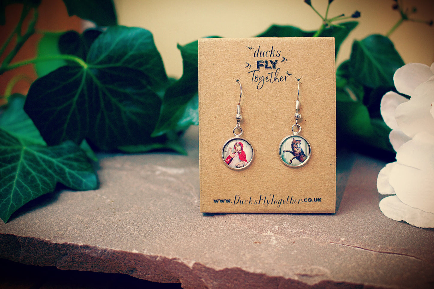 Red Riding Hood Earring. Vintage book illustration. Fairytale. Little Red and the wolf. Brothers Grimm. Antique storybook.