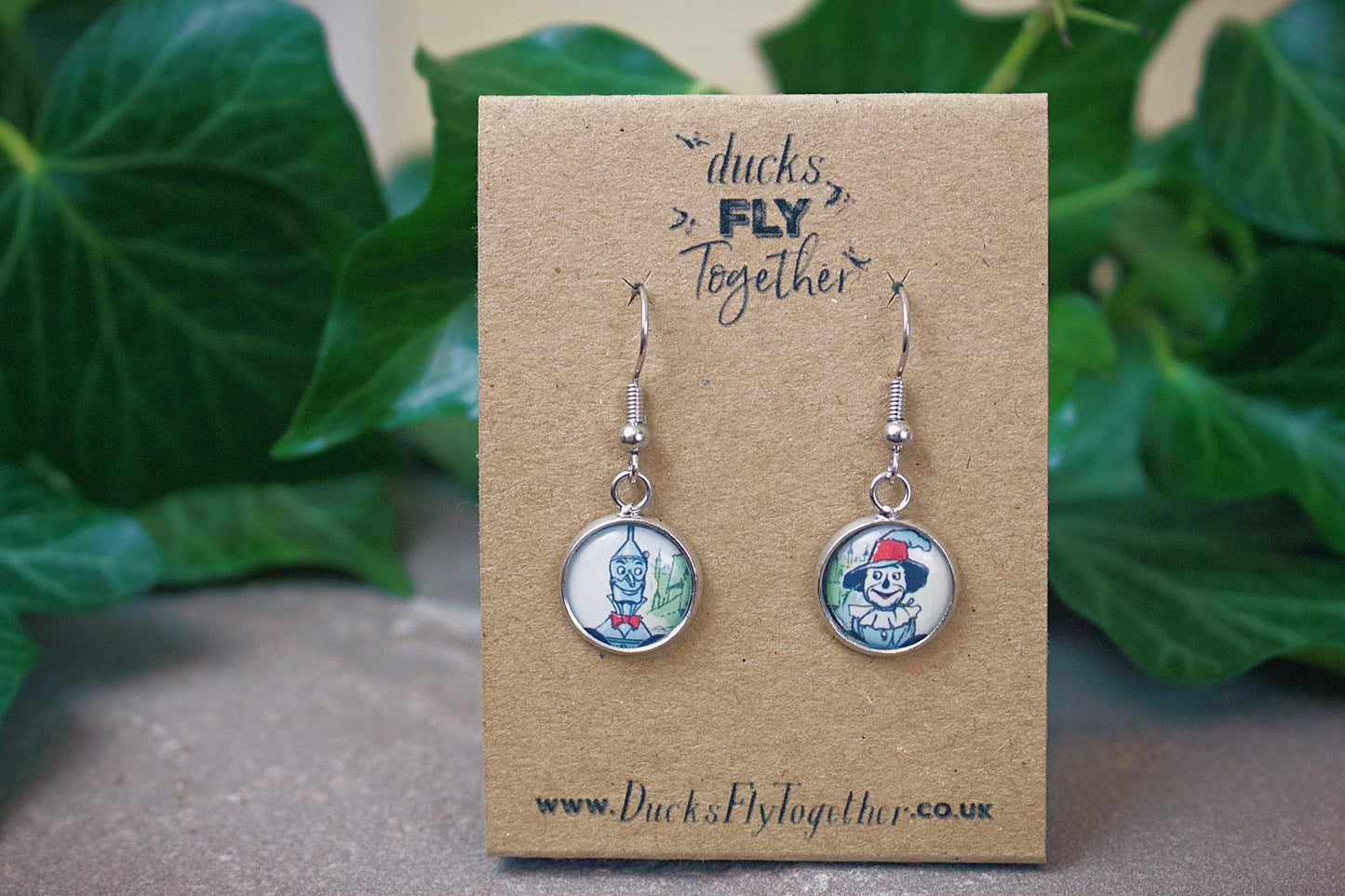 Wizard of OZ Vintage Earrings. Childrens book illustration. Tinman. Scarecrow. Dorothy. Lion. Emerald City. Wicked musical. Theatre. Retro.