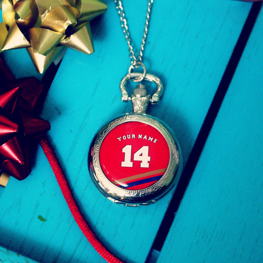 Arsenal football colours Pocket Watch. Gunners. Personalised gift for him. Favourite player. Arsenal legend. Football fan. Gift for dad.