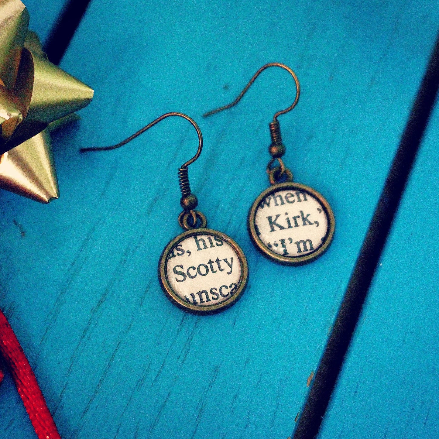 Recycled Star Trek book earrings. Spock. Captain Kirk Enterprise. Scotty. Trekkie gift. Live long and prosper. Uhuru. Sulu. McCoy. Comic-con