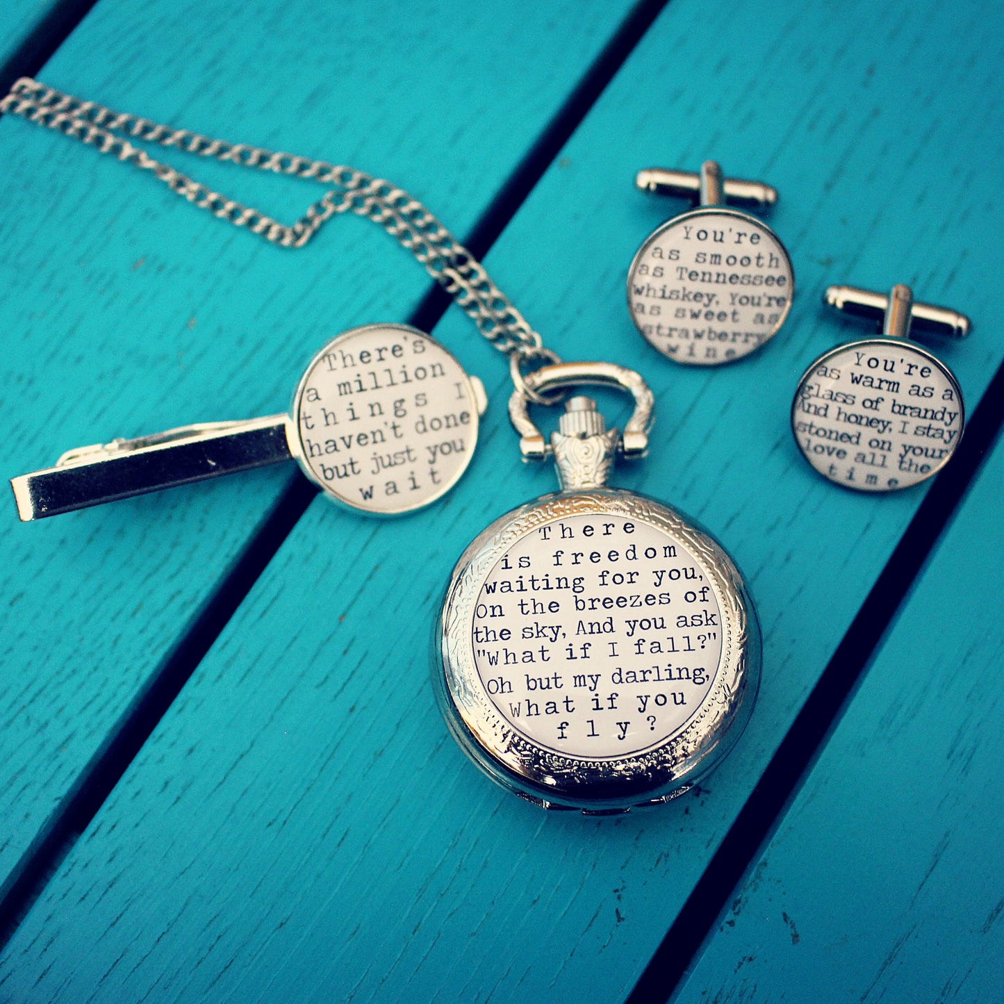 Song Lyrics Pocket Watch. Favourite quote/words. Romantic gift for him. Wedding Groom accessory. Cufflinks Tie Bar. Gift set for him. Dad.