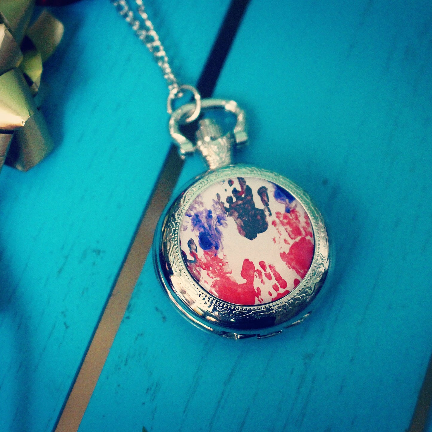 Childs artwork Pocket Watch. Kids drawing gift. Handprint footprint jewellery. Gift for dad. Father present. Granddad Grandchildren painting