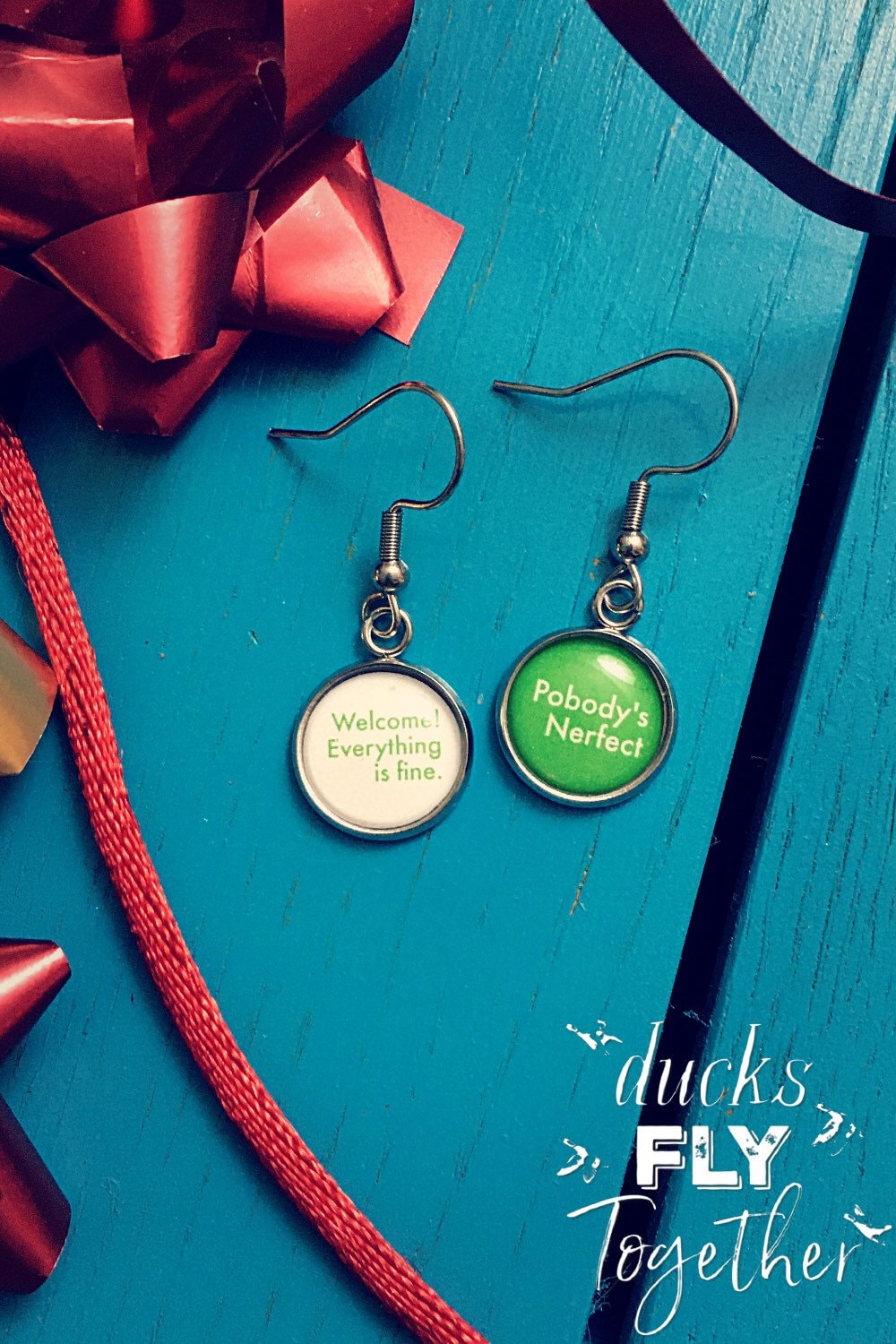 Novelty earrings inspired by The Good Place. Holy Mother Forking Shirt Balls. Welcome Everything is Fine. Mothers Day Gift. Gift for Mum.
