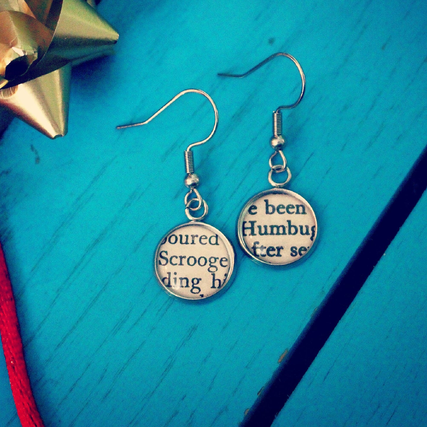 Scrooge earrings! Christmas Carol recycled book gift. Grinch. Ebenezer. Muppets. Charles Dickens. Novelty Xmas gift for her. Bah Humbug!