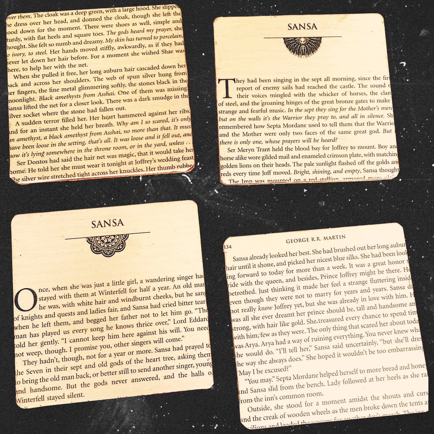 Pack of 4. Game of Thrones recycled book Coasters. GOT fan gift. Stark present. Jon, Bran, Sansa, Arya. Lannister. Jaime. Cersei. Tyrion.