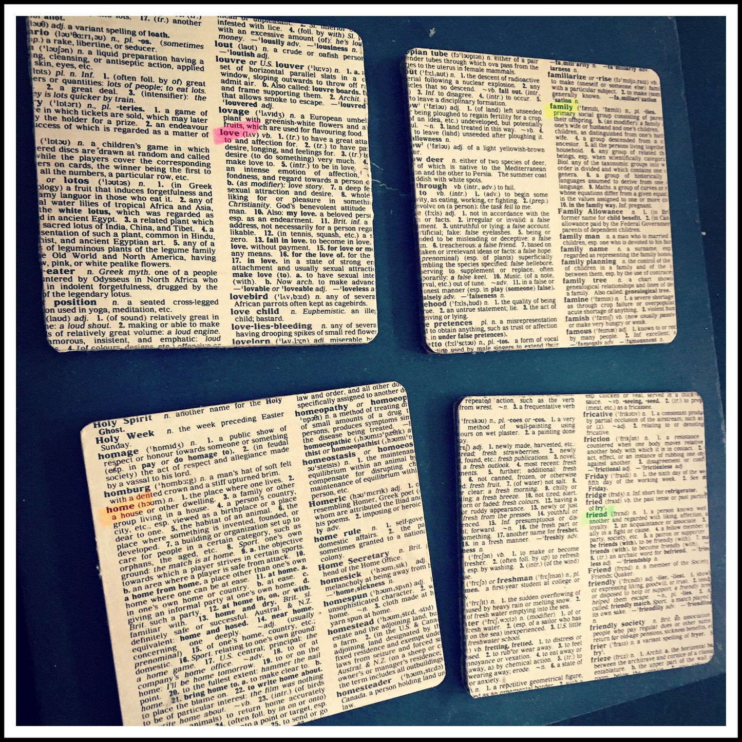 Dictionary definition coasters. Meaningful words. LOVE HOME FAMILY friendship courage. Recycled book gift. Vintage home decor. Home office
