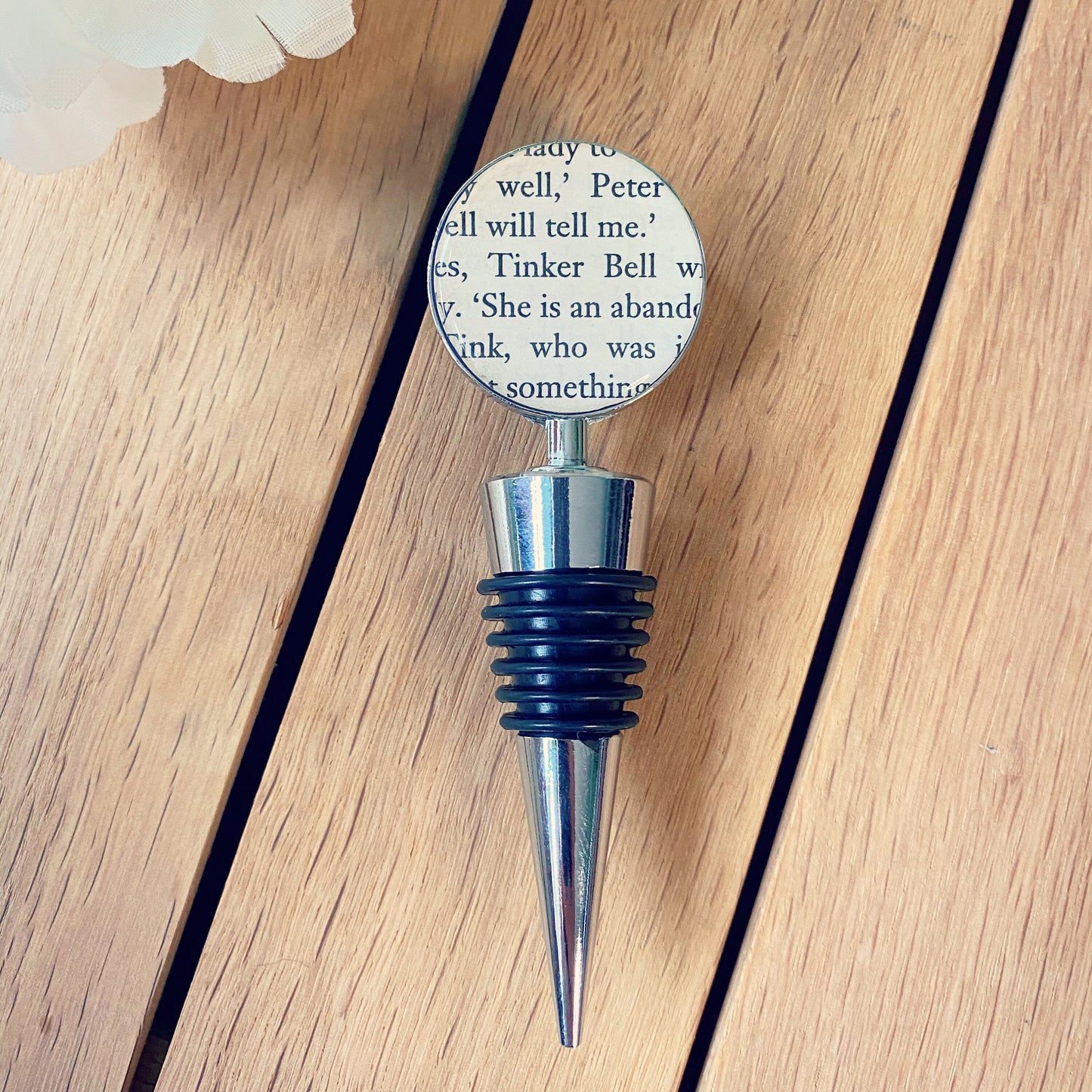Tinkerbell Bottle Stopper - Recycled Peter Pan book gift. Wine lover. Captain Hook. Wine Bottle. Alcohol present. Tink. Wedding favours.