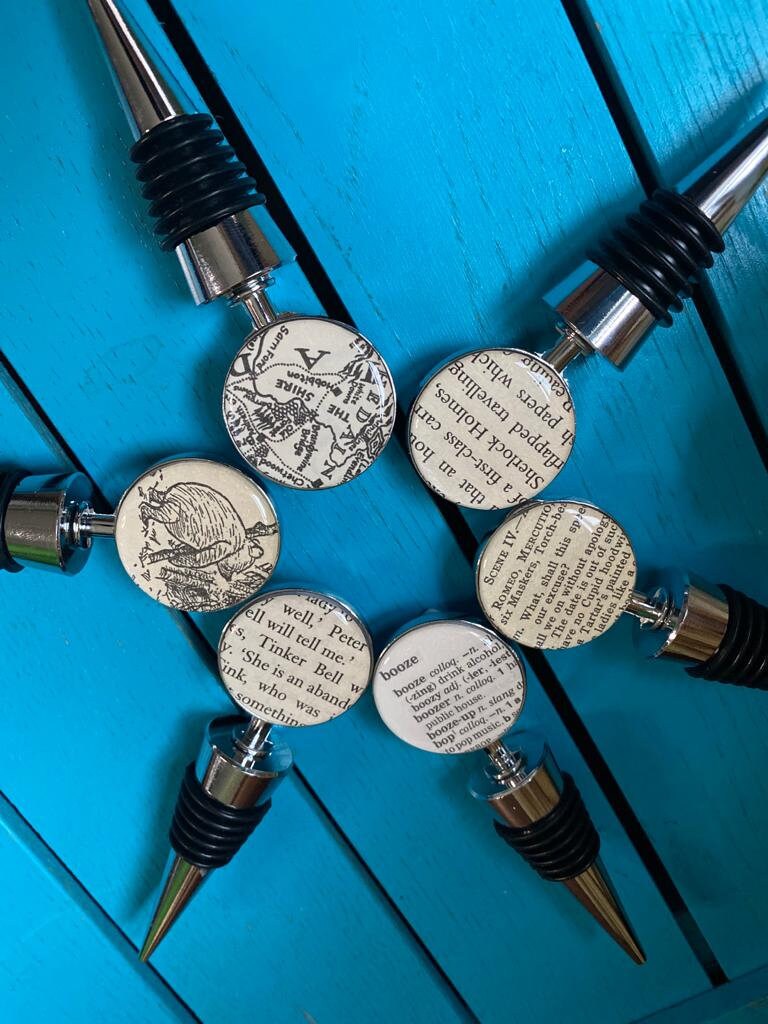 Tinkerbell Bottle Stopper - Recycled Peter Pan book gift. Wine lover. Captain Hook. Wine Bottle. Alcohol present. Tink. Wedding favours.
