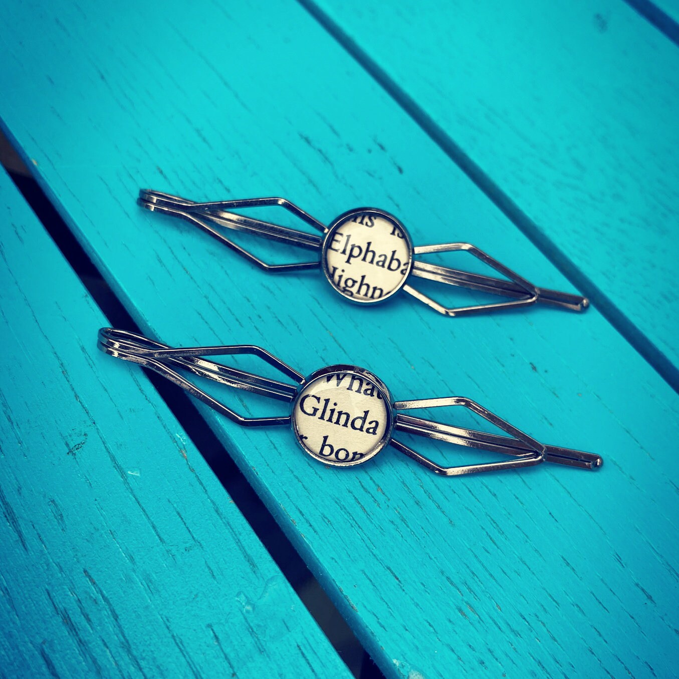 Recycled Elphaba Glinda Wicked hairpins. Vintage style hair clips. Musical Theatre gift. Book lover. Mothers Day Gift. Gift for Mum.