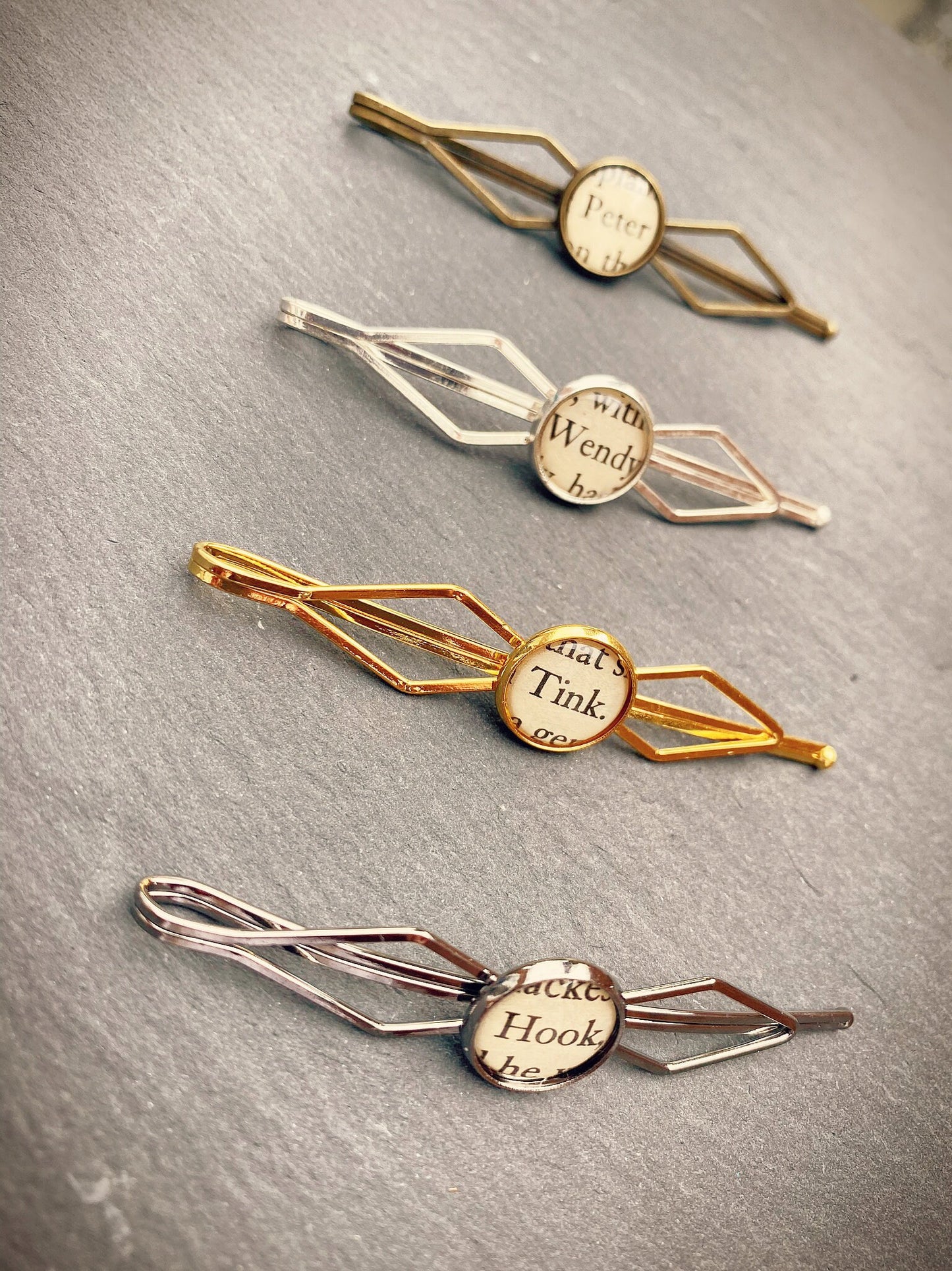 Recycled Peter Pan Hairpins. Vintage hair clips. Captain Hook Tinkerbell Tink. Book lover gift. Peter Wendy. Mothers Day Gift. Gift for Mum