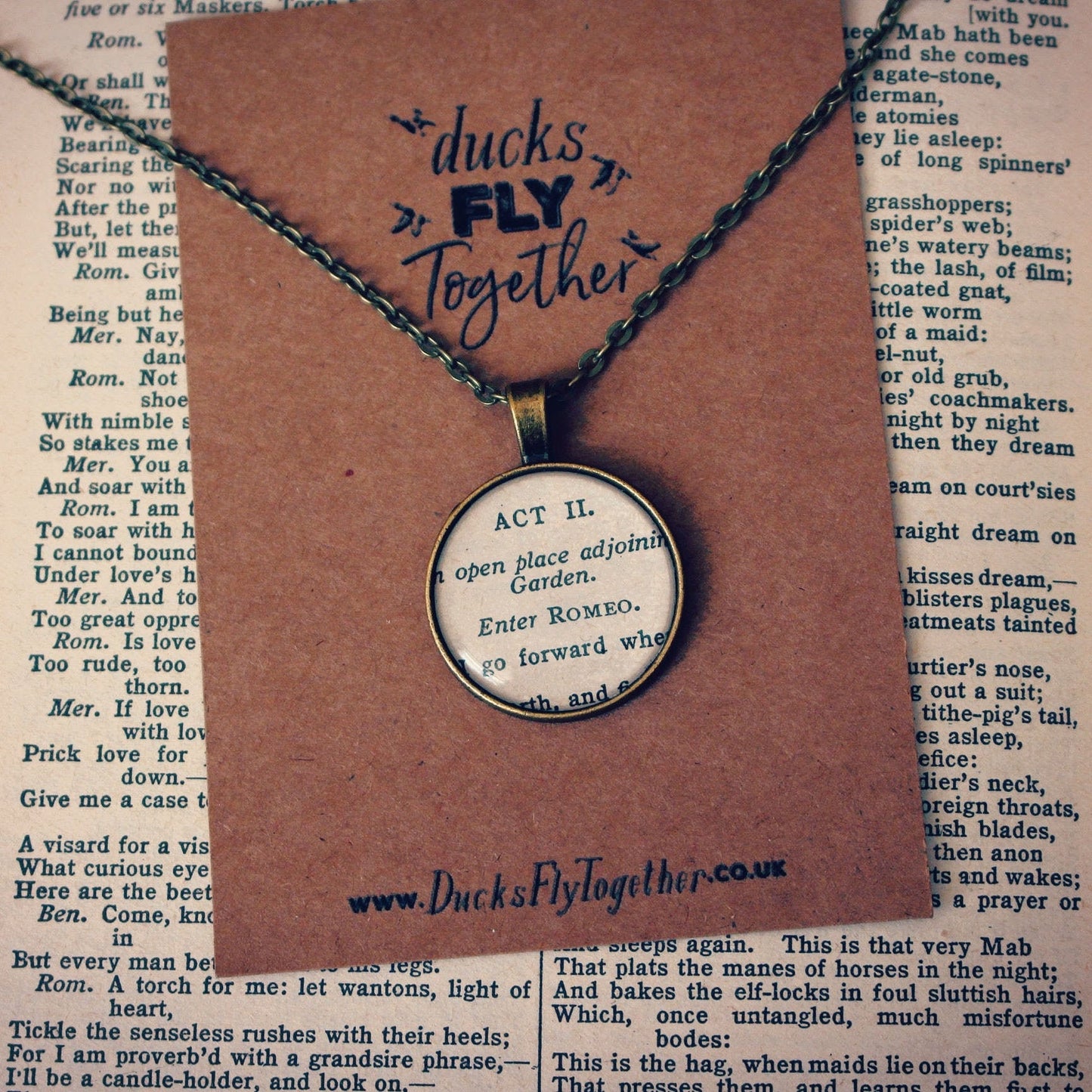 Shakespeare necklace. Recycled book pendant. Shakespeare quotes. Theatre lover. Romeo & Juliet Midsummer Nights Dream. Vintage upcycled gift