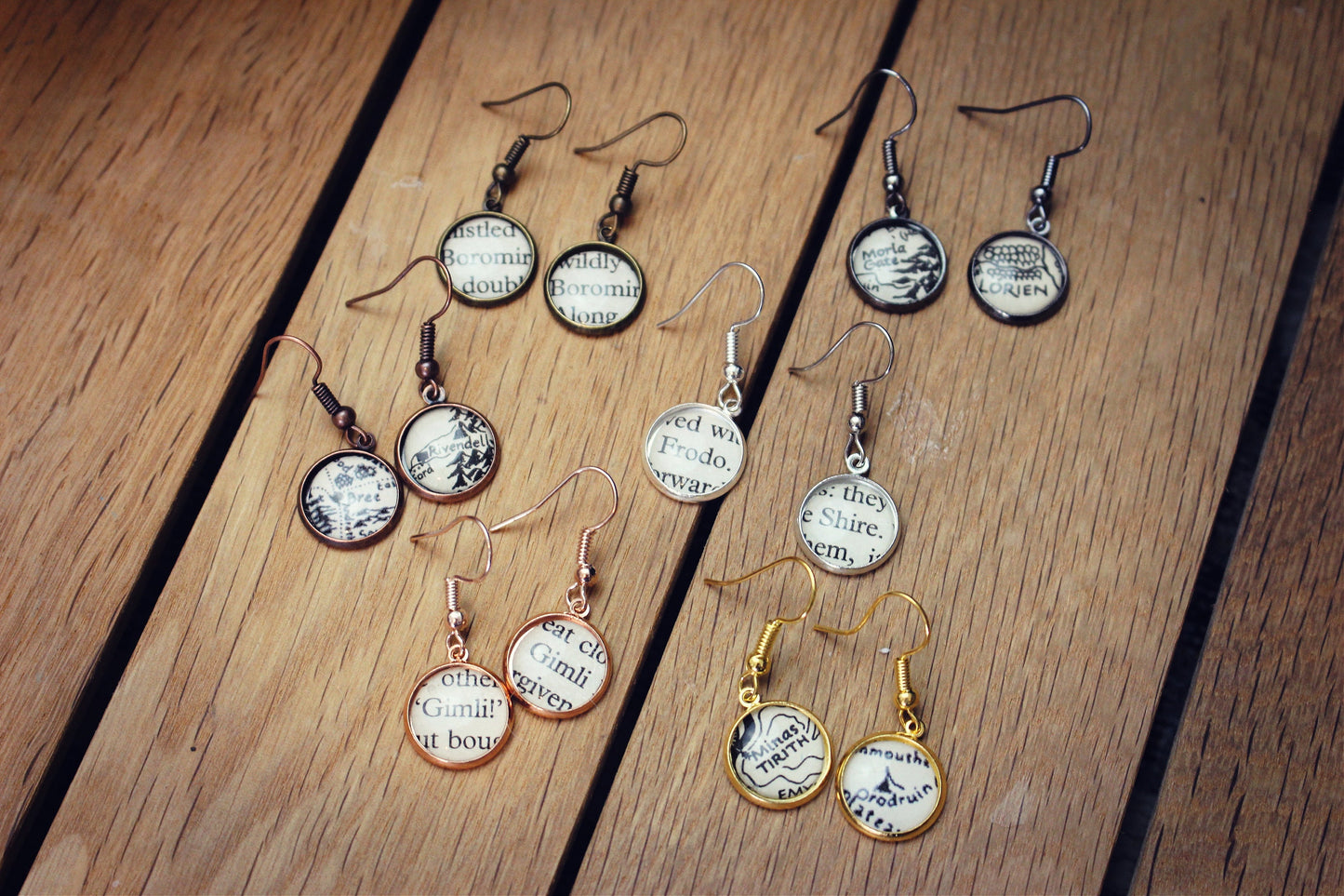 Recycled Book Page Earrings. Lord of the Rings Hobbit. Middle Earth Map. Bridesmaids. Fellowship Aragorn Legolas Boromir Frodo Gandalf Gimli