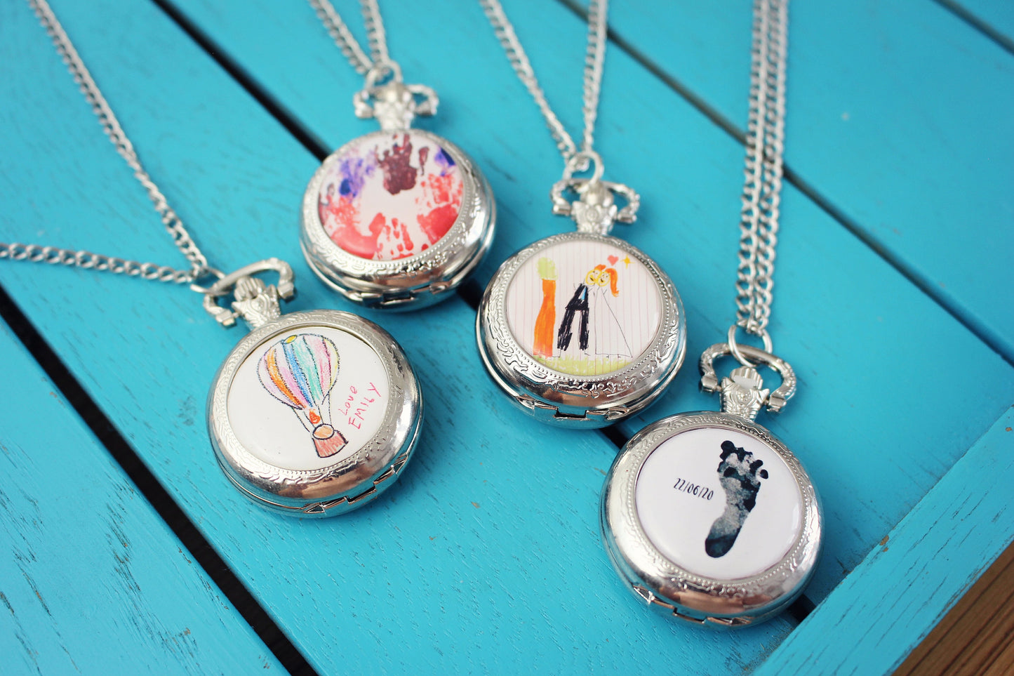 Childs artwork Pocket Watch. Kids drawing gift. Handprint footprint jewellery. Gift for dad. Father present. Granddad Grandchildren painting
