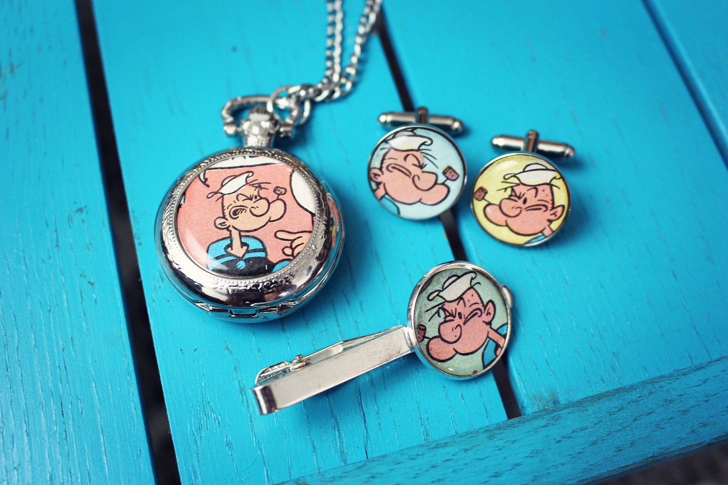 Recycled vintage comic book jewellery for men. Cufflinks Pocket Watch Tie Bar Groomsmen gift for him. Popeye Rupert Bear Superhero cartoon