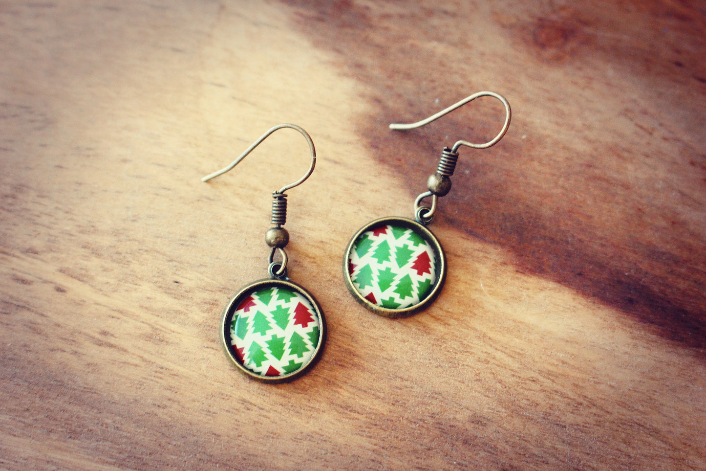 Christmas Tree Necklace Earrings Jewellery Set. Festive abstract modern pattern. Green and red. Fun Xmas gift for her. Copper Gold Bronze