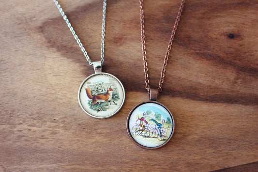 Vintage illustration necklaces. Fox print jewellery. Penny Farthing retro drawing. Antique artwork. Mothers Day Gift. Gift for Mum.