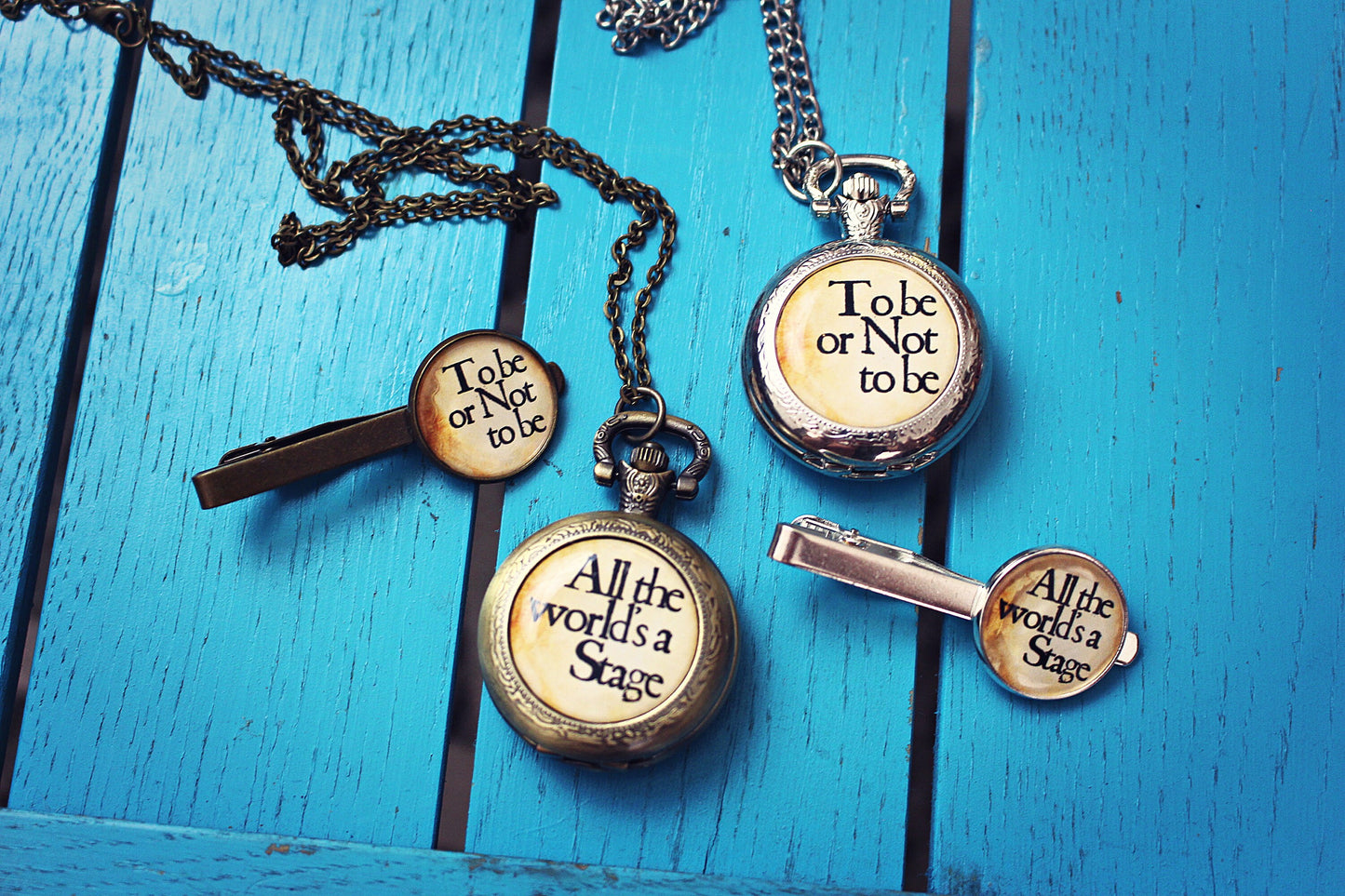 Shakespeare Quote Pocket Watch Tie Bar. Gift set for men. Theatre lover. Literature. Hamlet Macbeth Midsummer Nights Dream Romeo & Juliet.