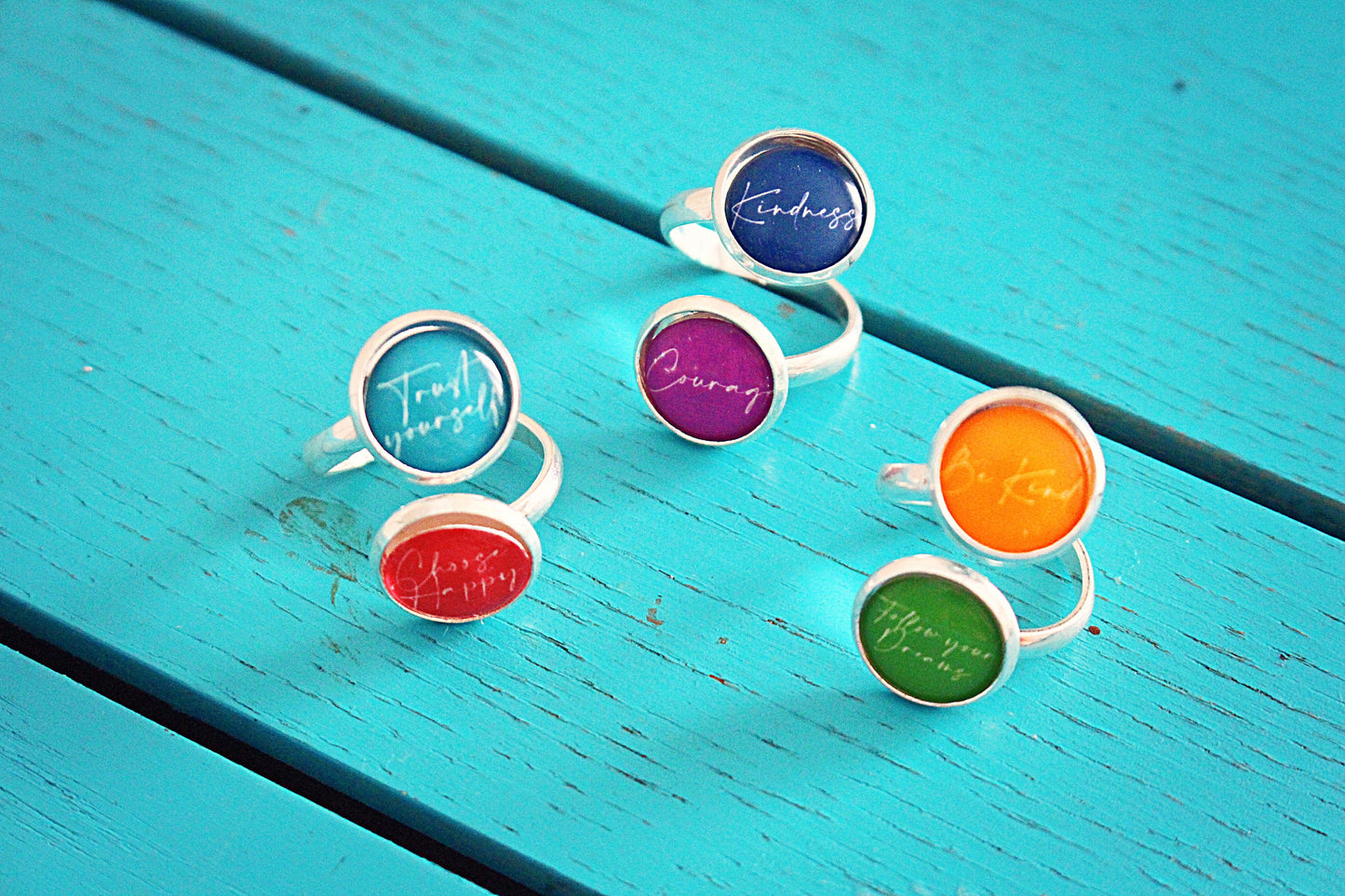 Calligraphy quote ring. Inspirational words jewellery. Personalised handwriting style Kindness Courage Love. Mothers Day Gift. Gift for Mum.