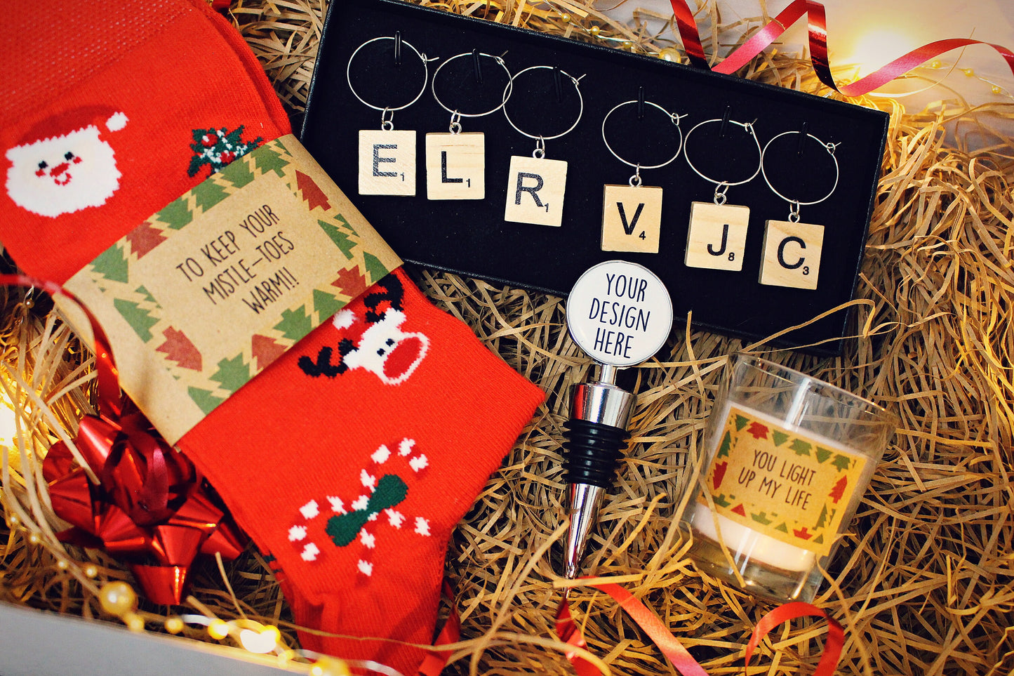 Christmas Gift Box for Her Filled Xmas hamper for women Jewellery Wine Charms Festive socks Personalised presents girlfriend wife sister mum