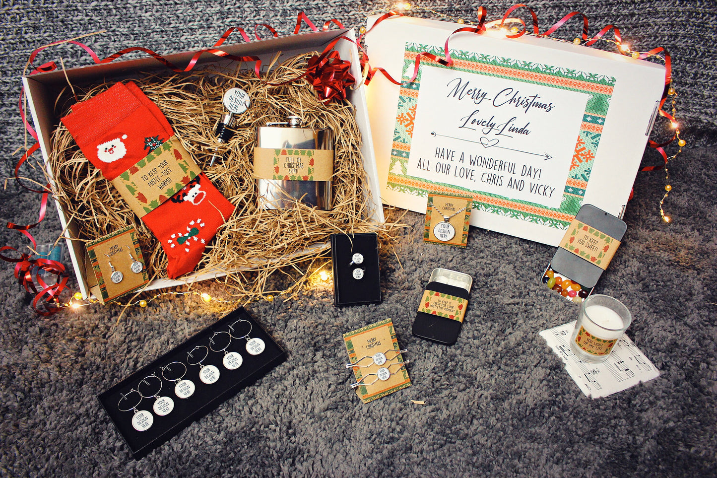 Christmas Gift Box for Her Filled Xmas hamper for women Jewellery Wine Charms Festive socks Personalised presents girlfriend wife sister mum