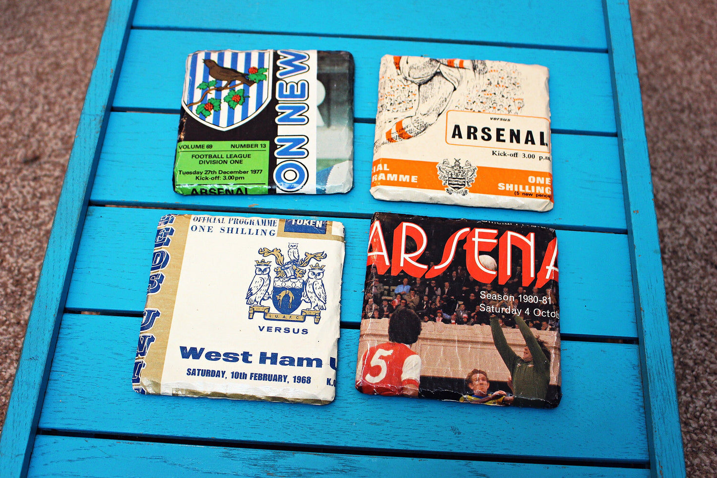Upcycled Football Programme Coasters. Vintage Soccer Gift Unique Memento Iconic sports events match World Cup Final Premiership Football fan