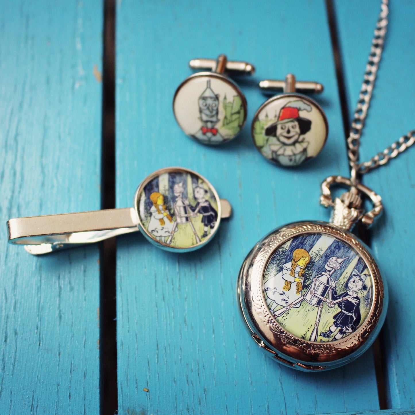 Vintage Wizard of Oz book illustration set. Cufflinks Tie Bar Pocket Watch Tinman Scarecrow Wicked. Groomsmen gift set. Yellow brick road
