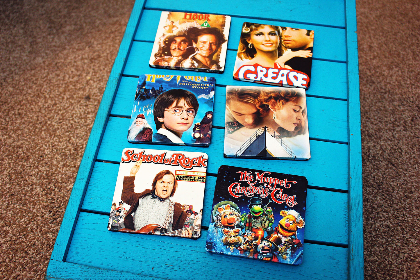 Recycled DVD cover Coasters. Favourite film art. Movie poster beer mats. Coffee table decor. Film buff Movie Lover gift. Cinema Actor Comedy