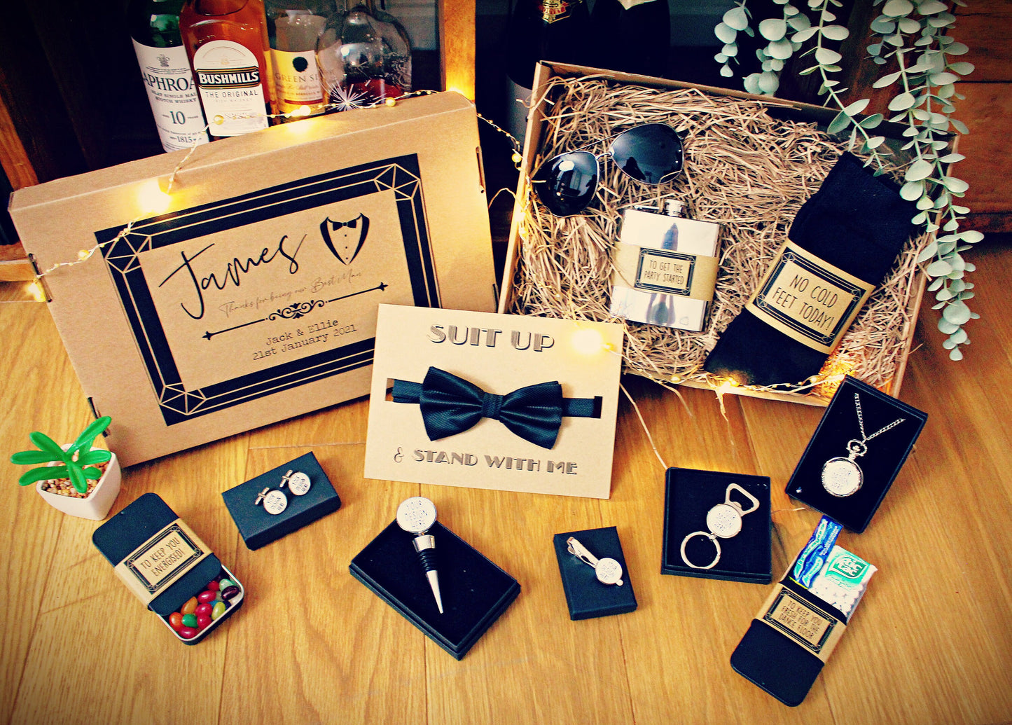 Personalised Groomsmen Gift Box. Best Man Usher Hamper. Wedding day essentials. Hip Flask Cufflinks Sunglasses Bow Tie Pocket Watch Tie Pin