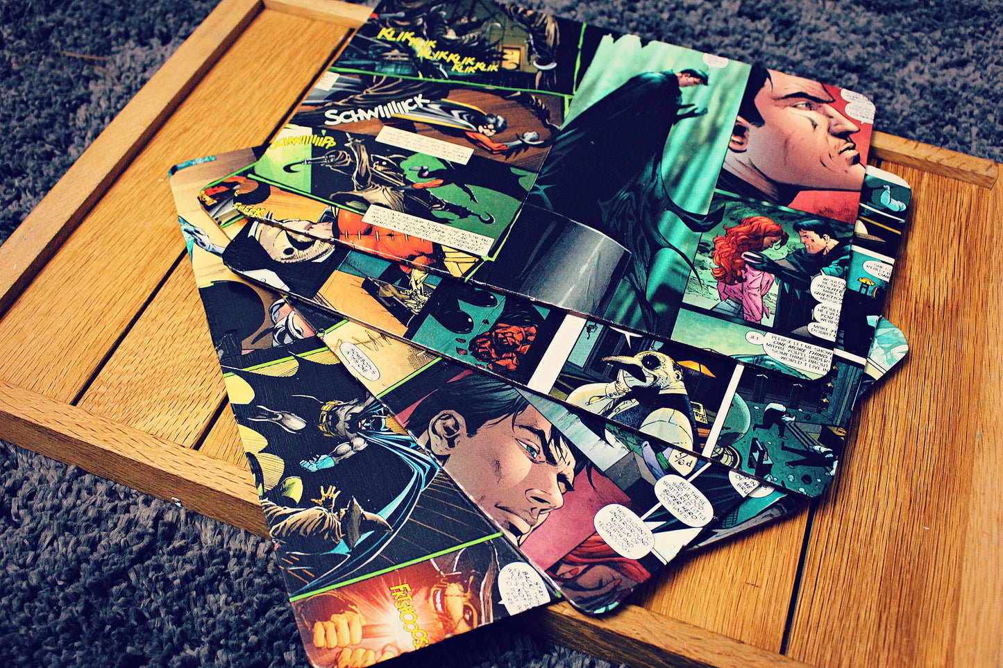 Upcycled Comic Book Placemats Set. Superhero Dinner Mats. Vintage Cartoon Decor. Cartoon character place settings Coffee Table Geek Chic