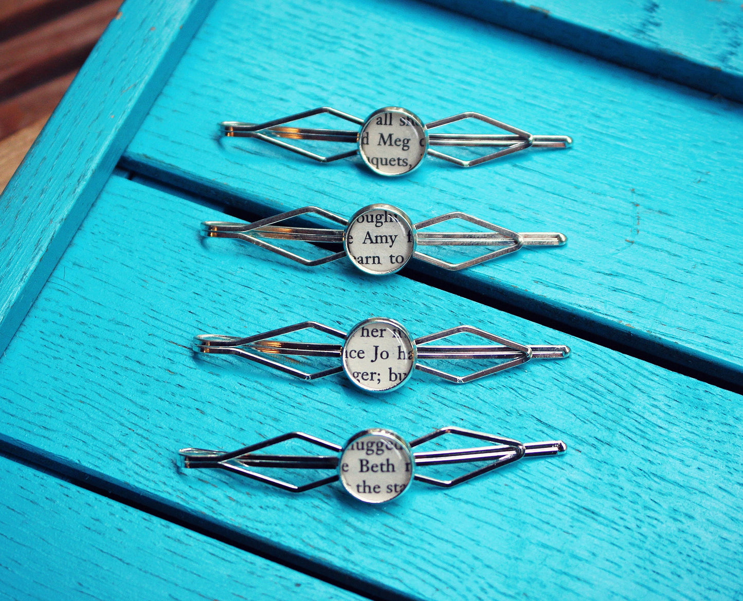 Recycled Little Women hairpins. Vintage style hair clips. Classic book lover. Meg Beth May Jo Marsh. Mothers Day Gift. Gift for Mum.